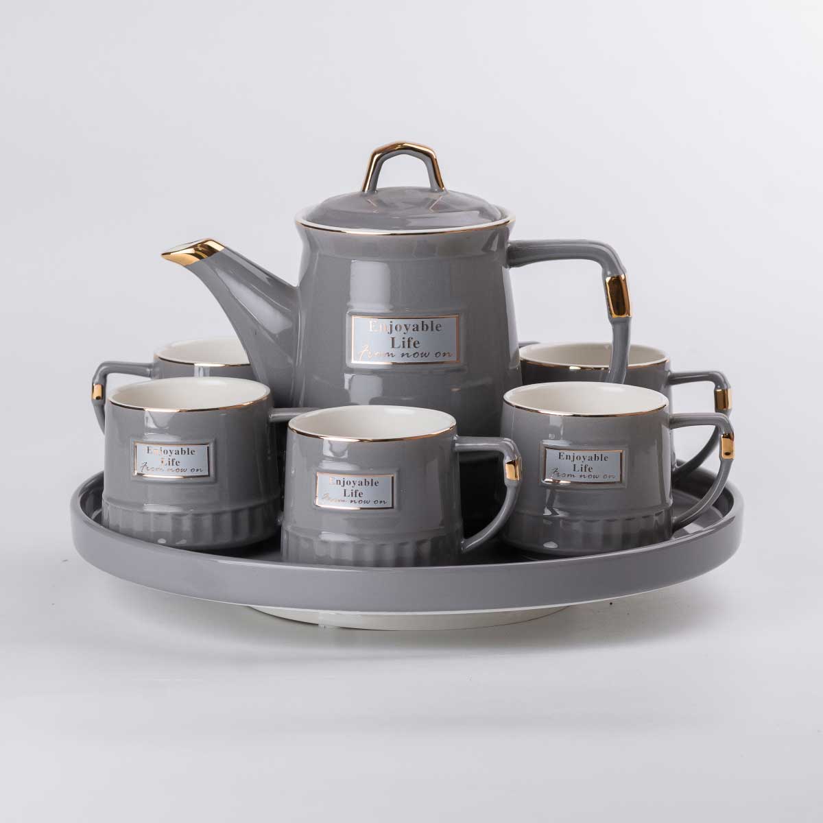 Чайний набір на 6 персон (з заварювальним чайником, чайником-заварником та керамічною підставкою), сірий.