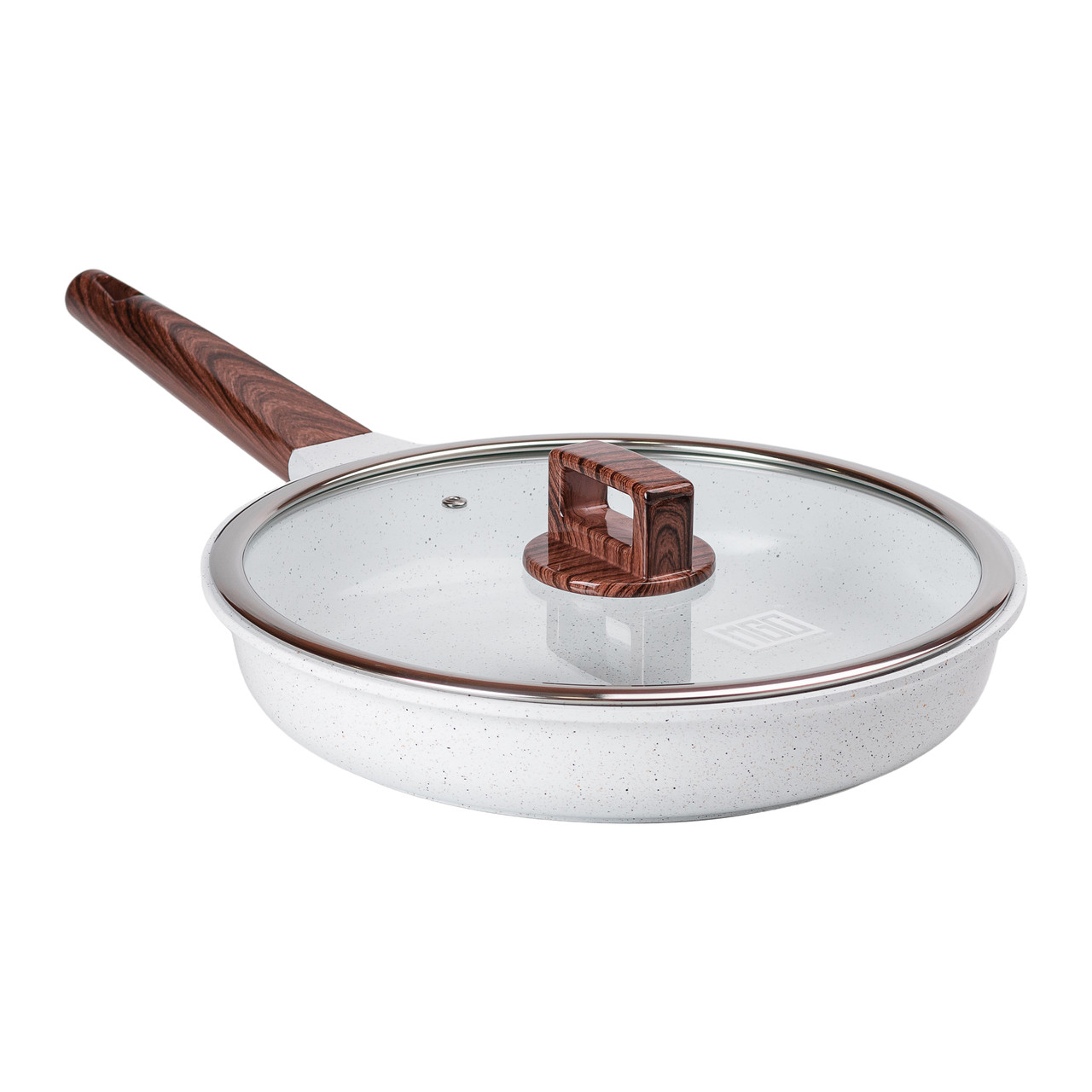 Біла алюмінієва сковорода 28 см з керамічним антипригарним покриттям і скляною кришкою