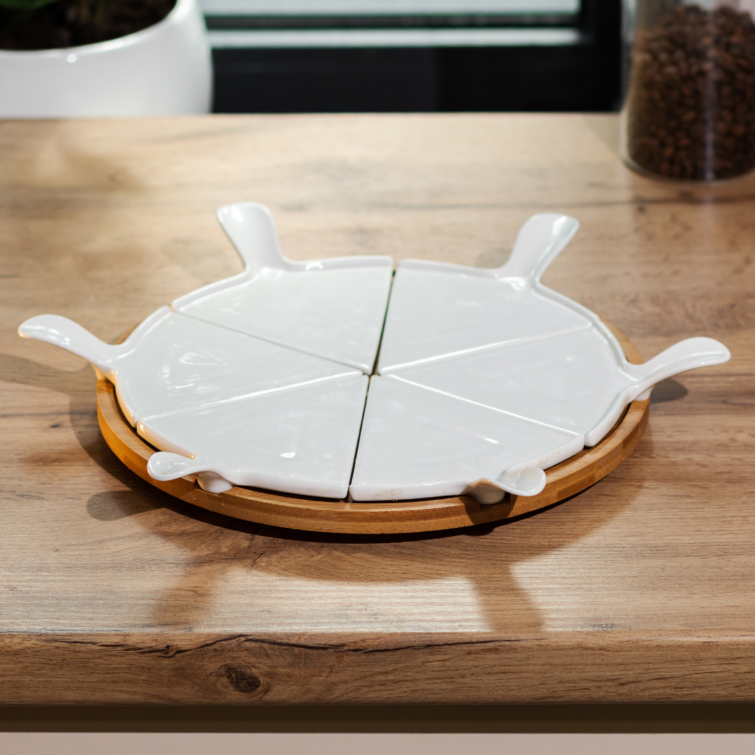 Тарілка для піци 28 см керамічна обертається, бамбукова основа