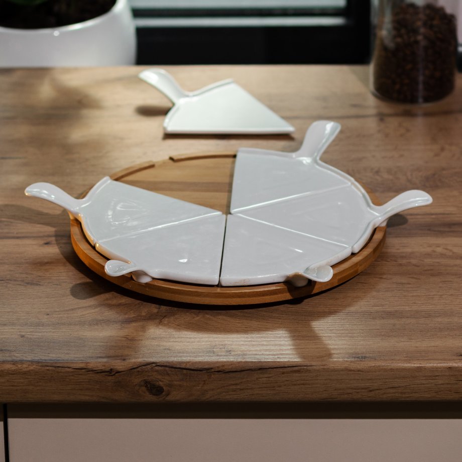 Тарілка для піци 28 см керамічна обертається, бамбукова основа