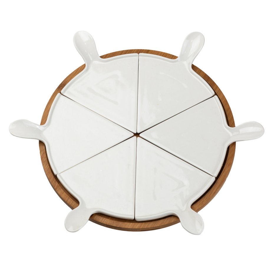 Тарілка для піци 28 см керамічна обертається, бамбукова основа