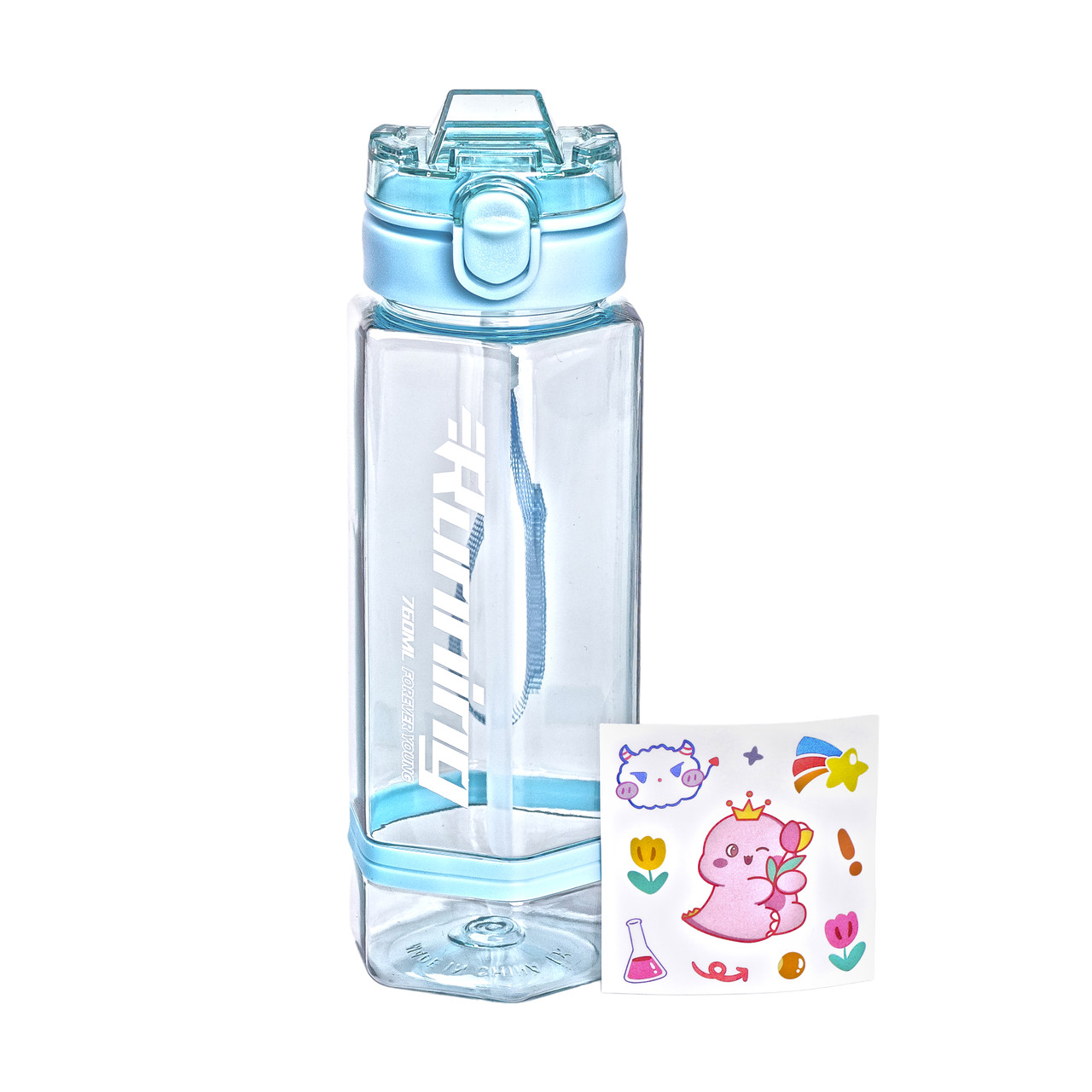Пляшка для води 760 мл з трубочкою та наліпками блакитна