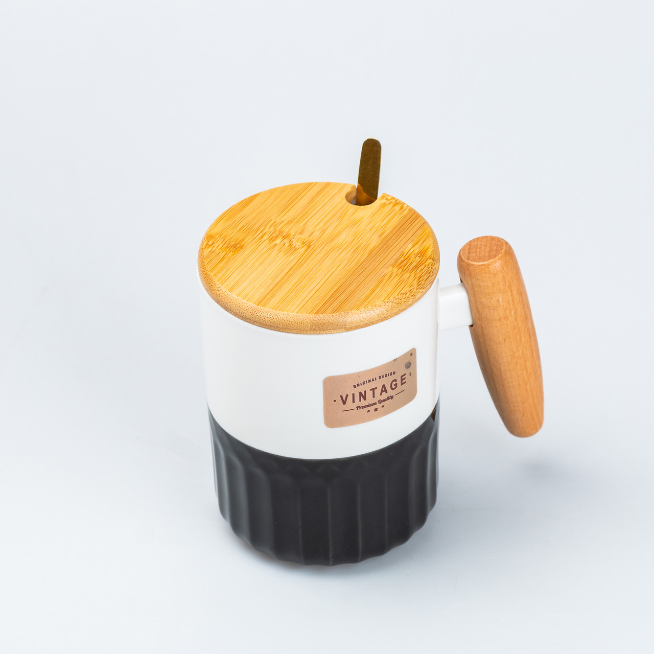 Чашка керамічна з бамбуковою кришкою та ручкою 400 мл Чорна