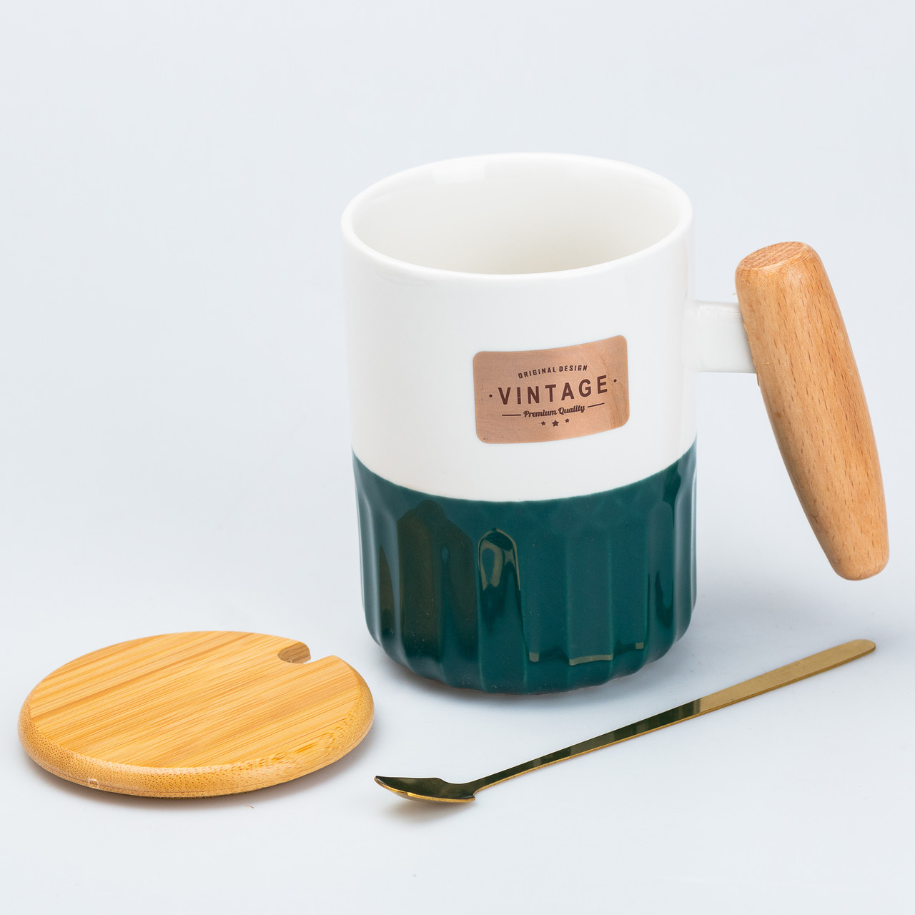 Чашка керамічна з бамбуковою кришкою та ручкою 400 мл Зелена