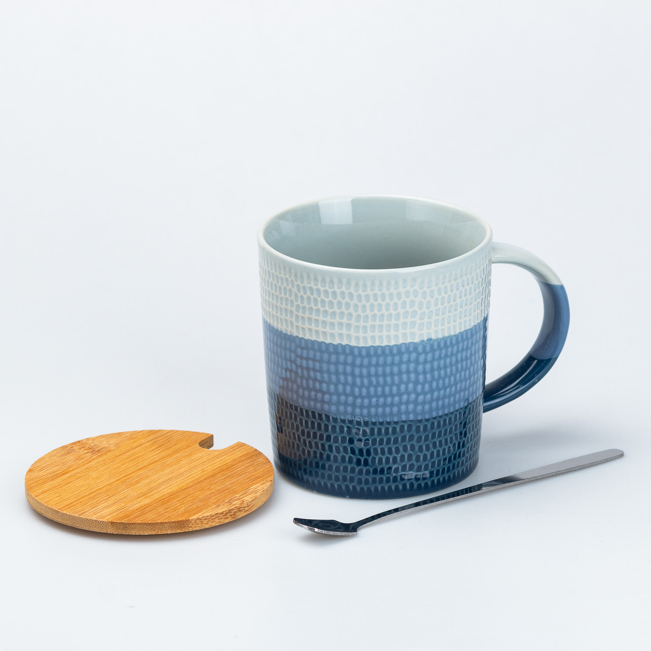 Чашка з бамбуковою кришкою та ложкою керамічна 350 мл Синій