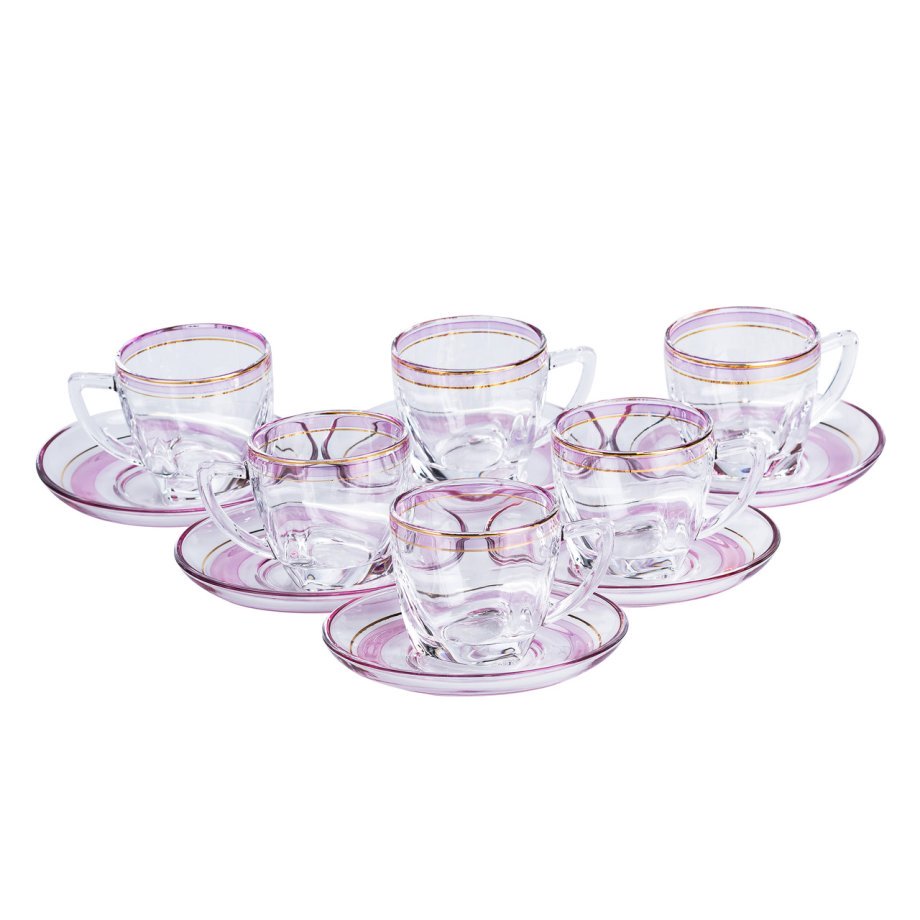 Чашки зі блюдцем скляні прозорі набір на 6 осіб Розовий