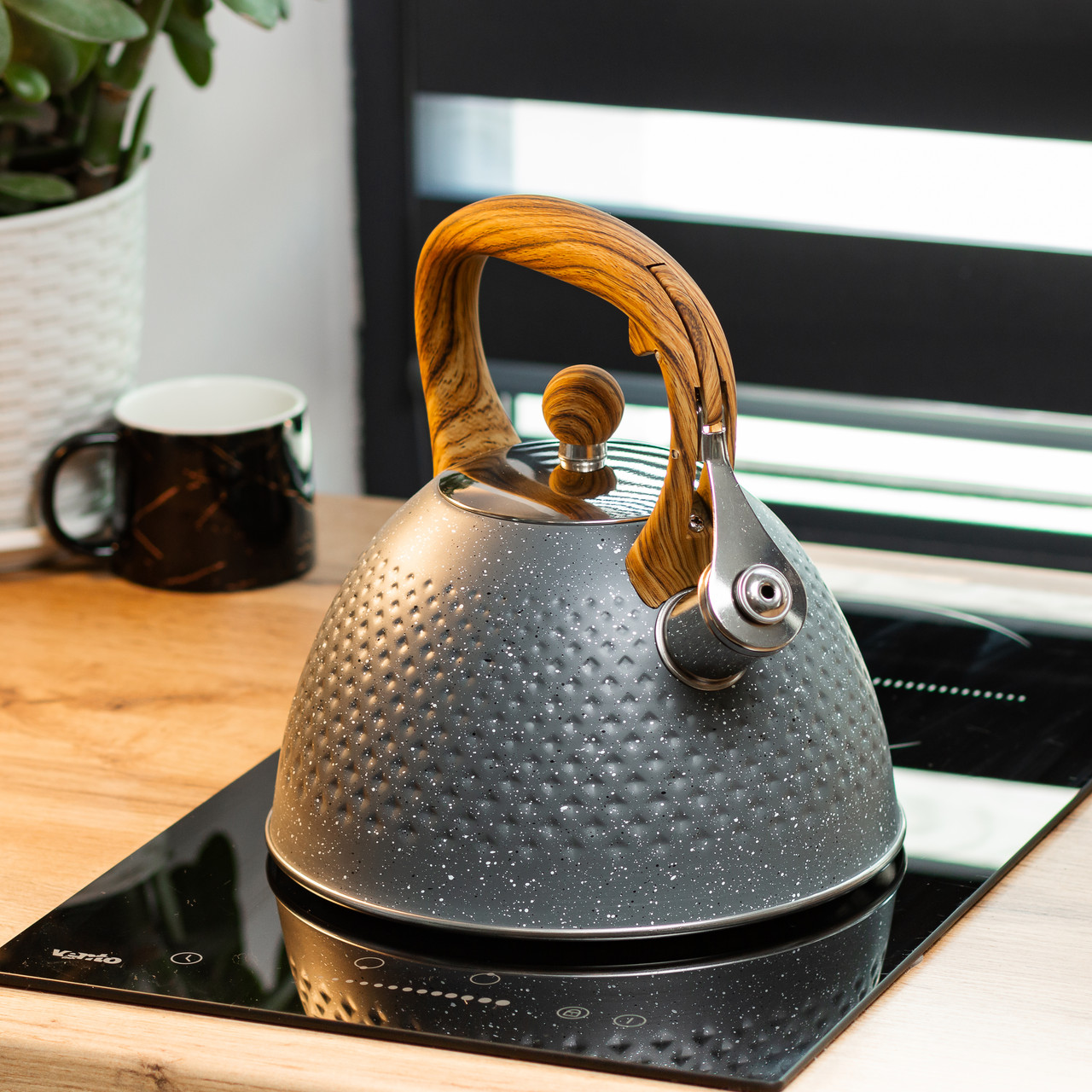 Чайник на 3 літри зі свистком, дерев'яна ручка, сірий, потрійне дно