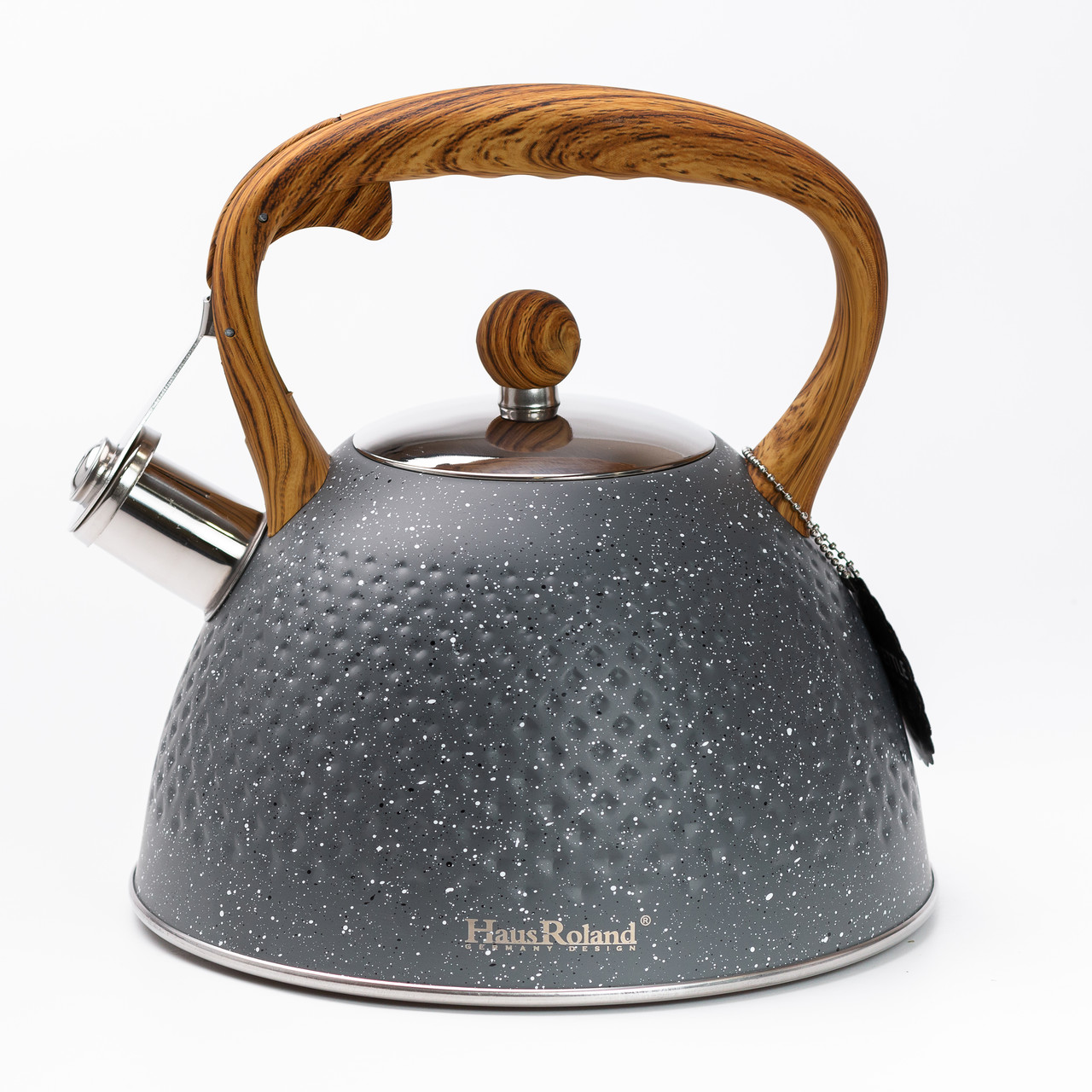 Чайник на 3 літри зі свистком, дерев'яна ручка, сірий, потрійне дно