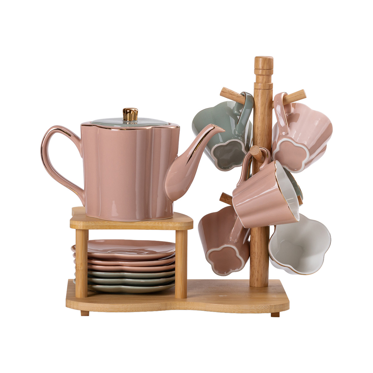 Керамічний чайний сервіз з чашками, блюдцями та бамбуковою підставкою