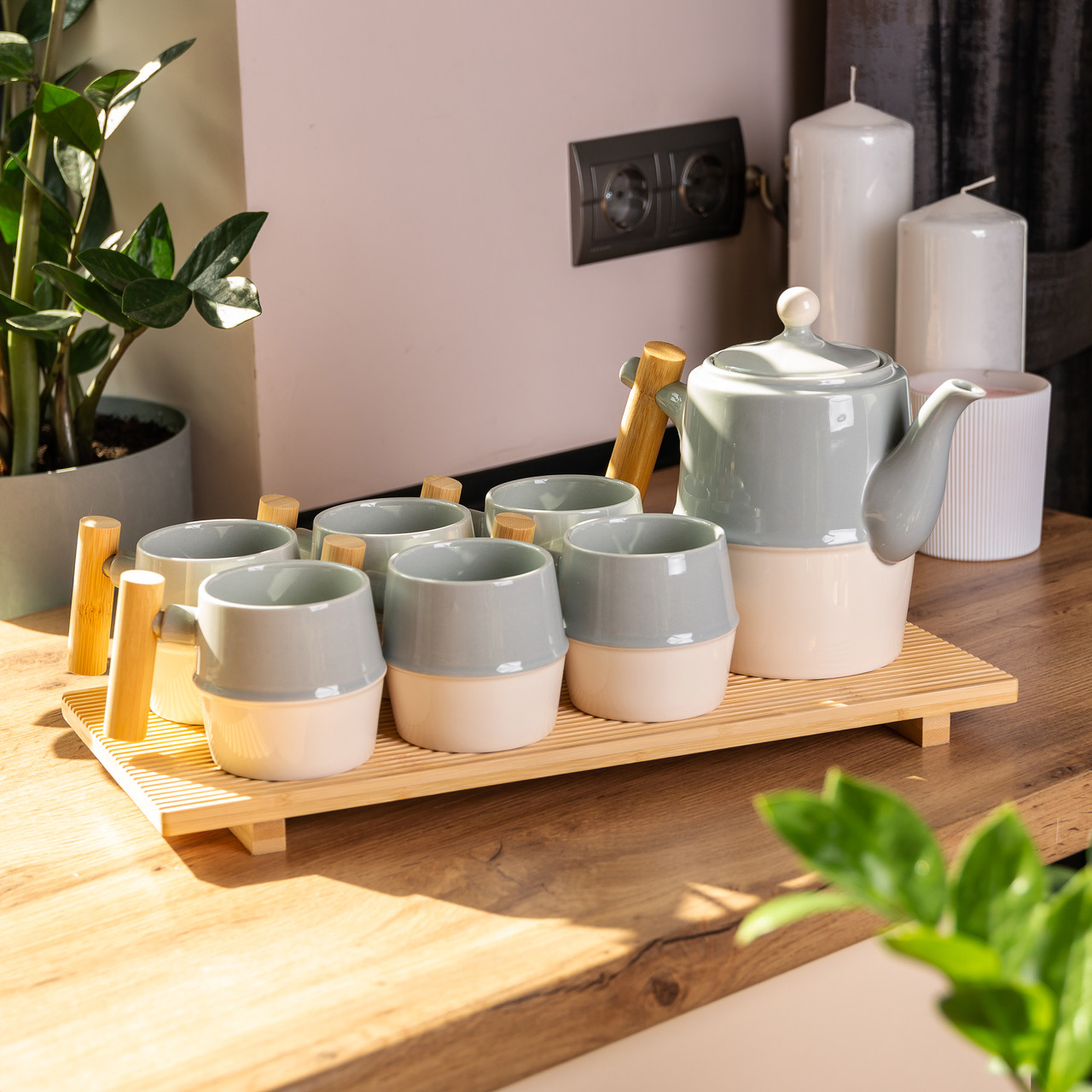Чайний сервіз на 6 персон з бамбуковою підставкою сірий