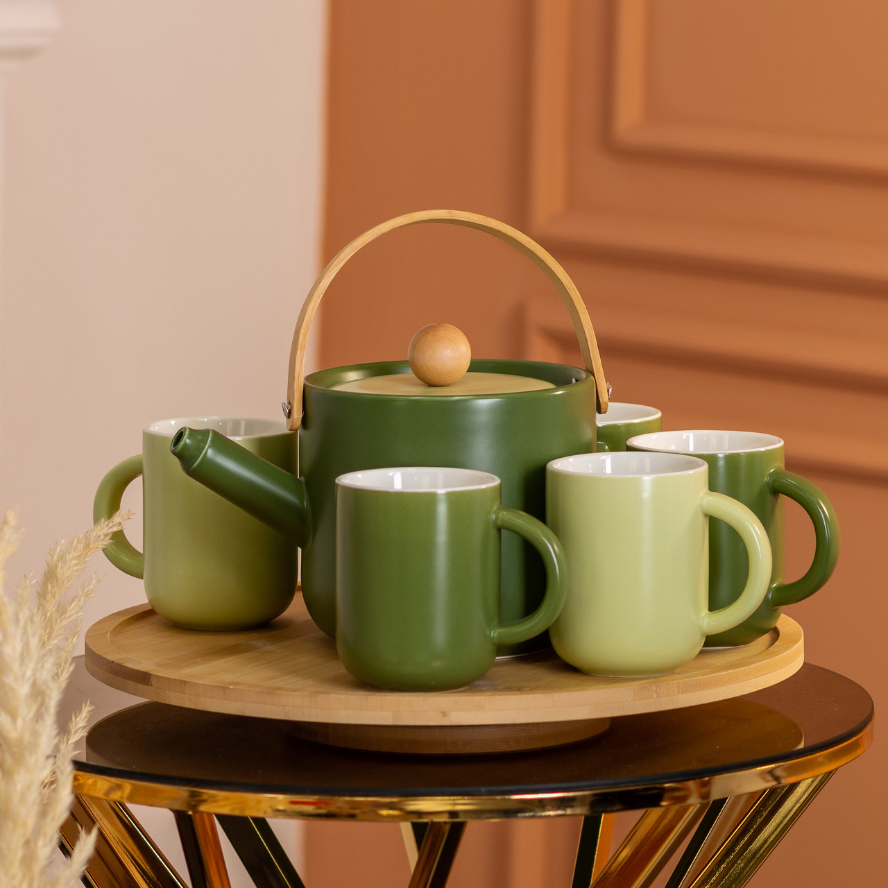 Чайний сервіз на 6 персон з бамбуковою обертовою підставкою, зелений