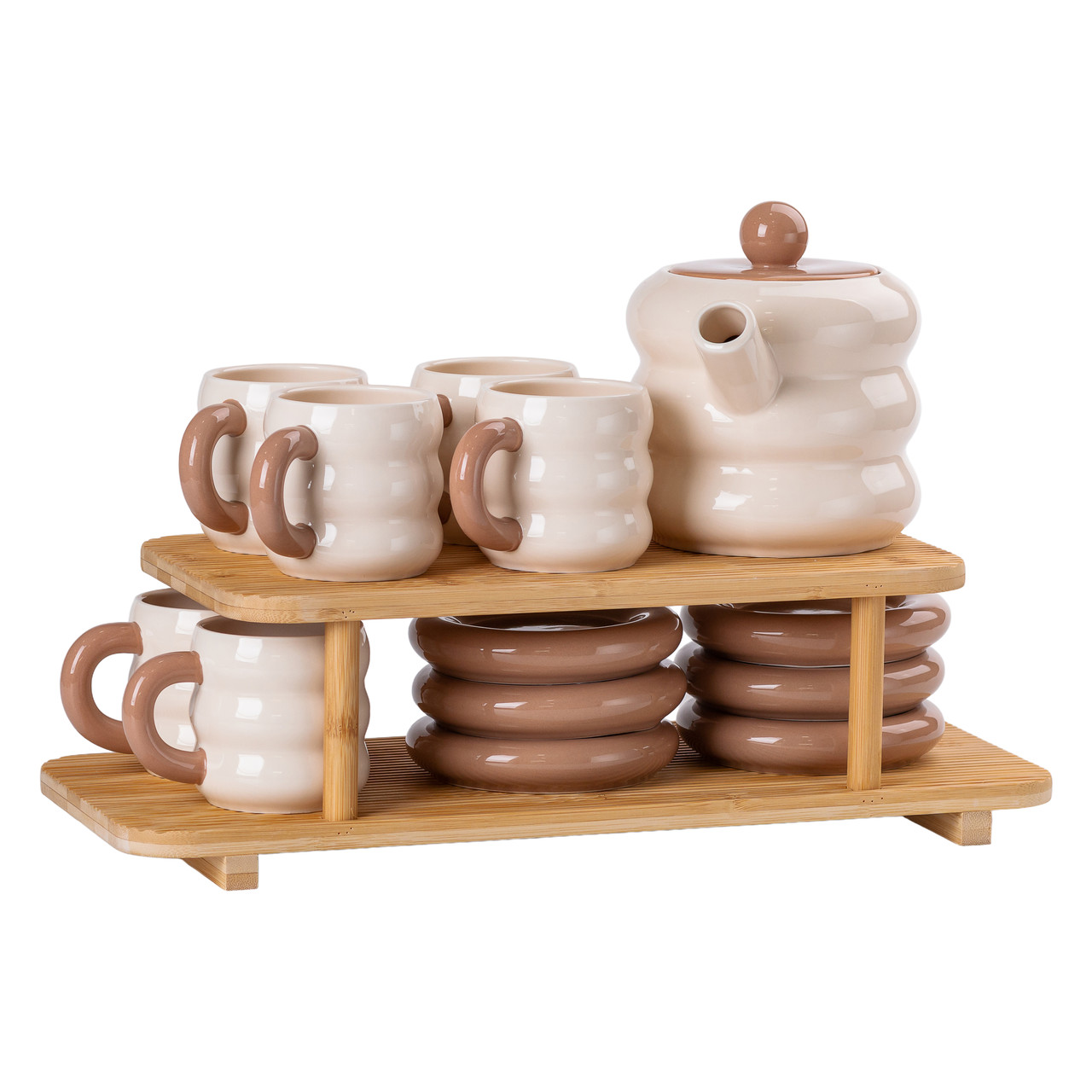 Чайний сервіз на 6 персон із бежевої кераміки з бамбуковою підставкою, чашками та чайником
