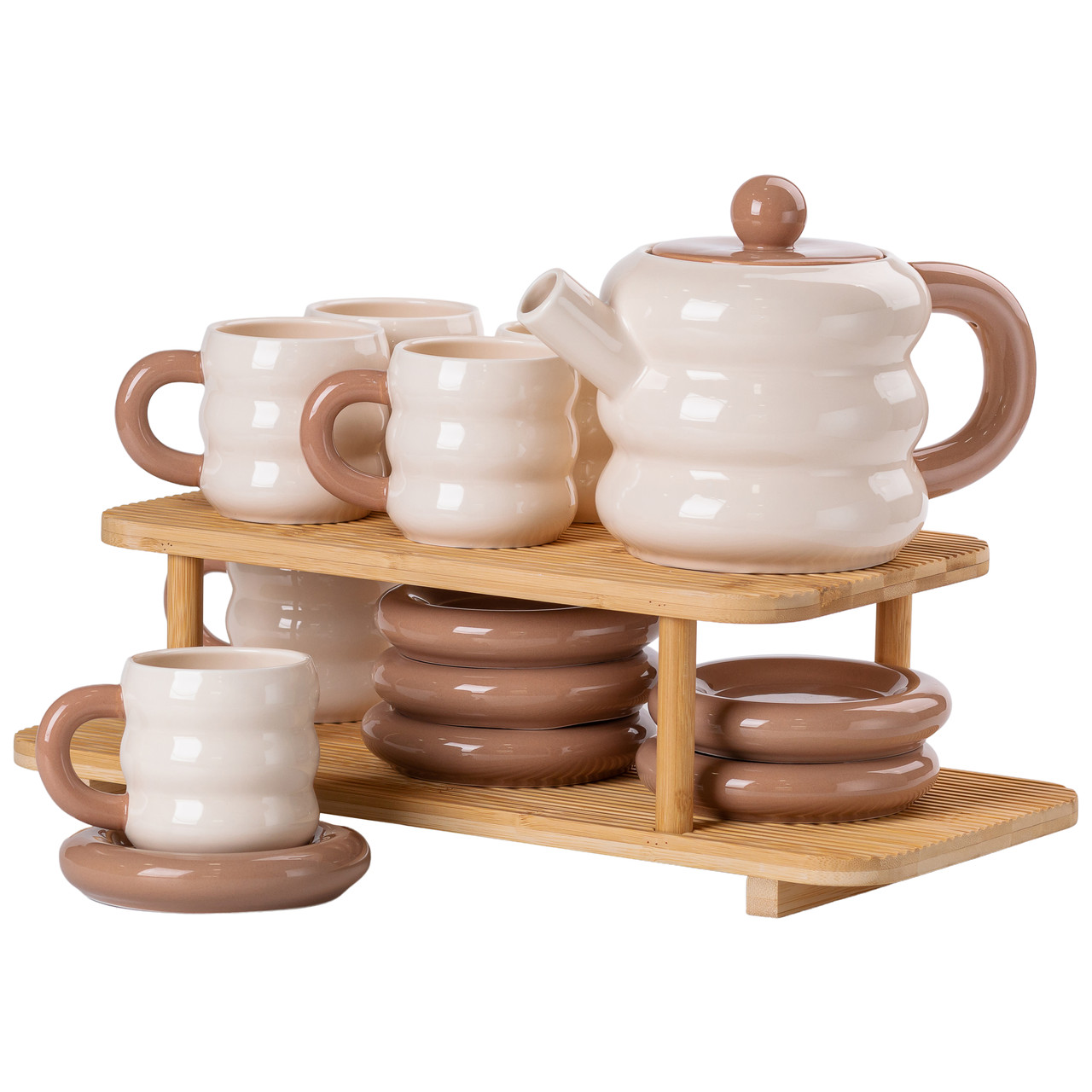 Чайний сервіз на 6 персон з 2-ярусною бамбуковою підставкою