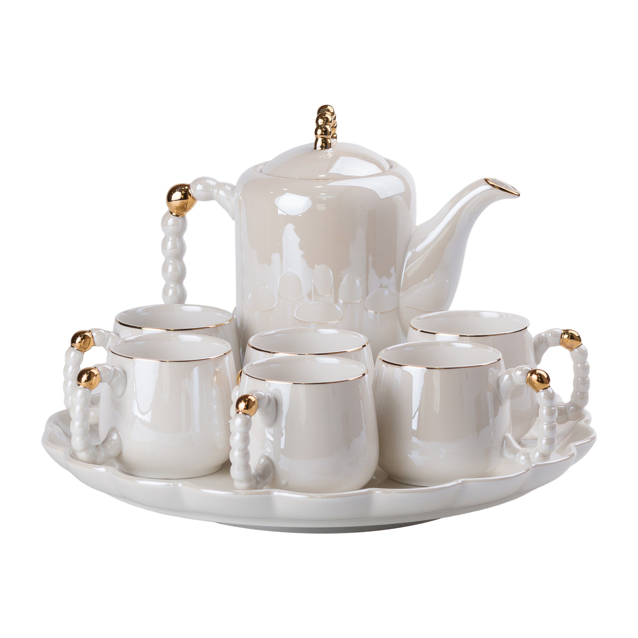 Чайний сервіз із кераміки на 6 персон з перлинними ручками, золотим обідком і тацею
