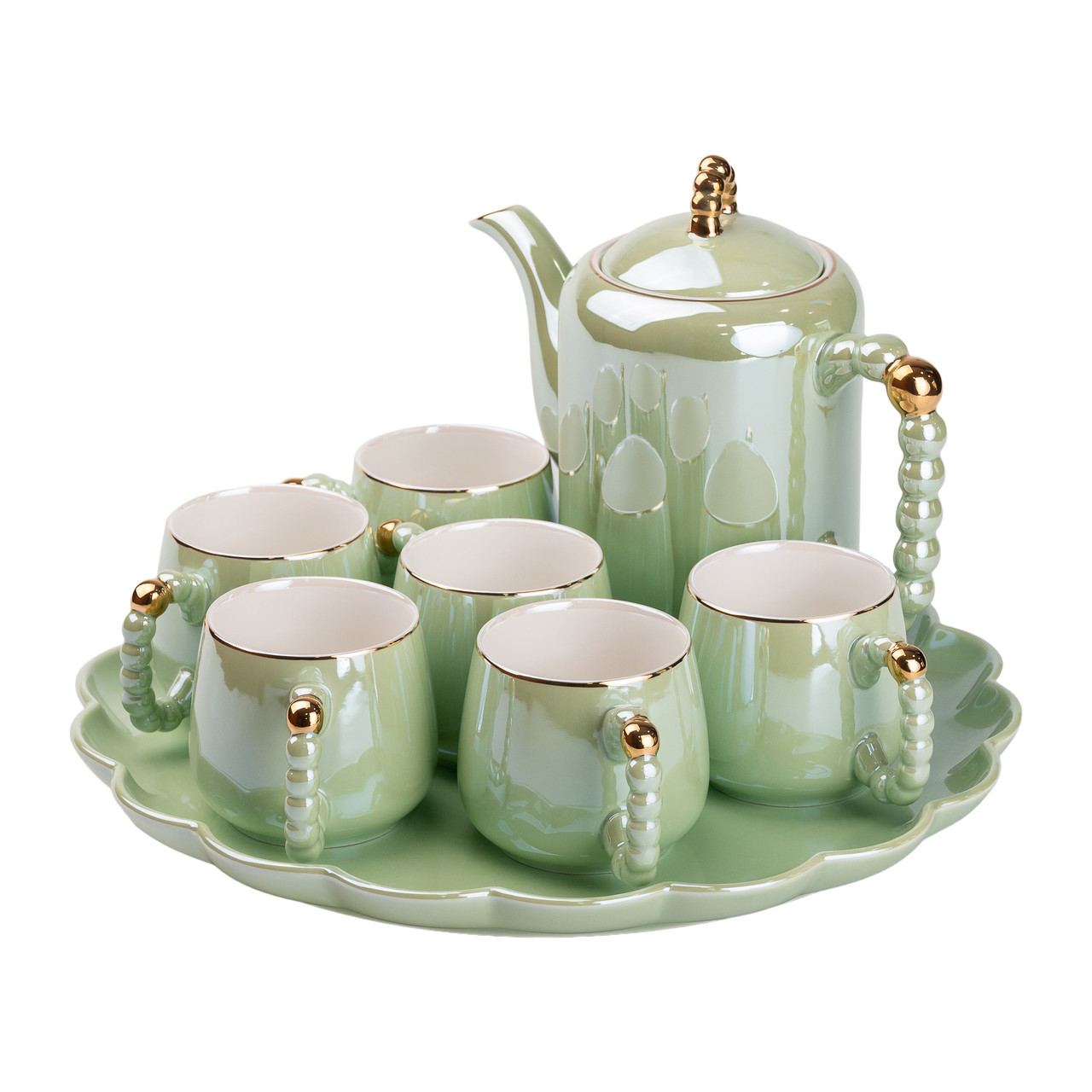 Чайний сервіз з кераміки на 6 персон з чашками, чайником та тацею, з перлинними ручками