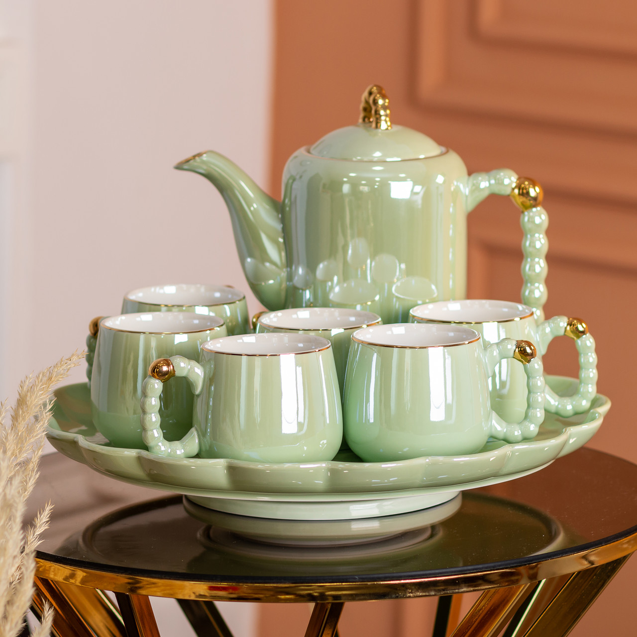 Чайний набір на 6 персон із заварювальним чайником, чайником-заварником та керамічною підставкою Зелений