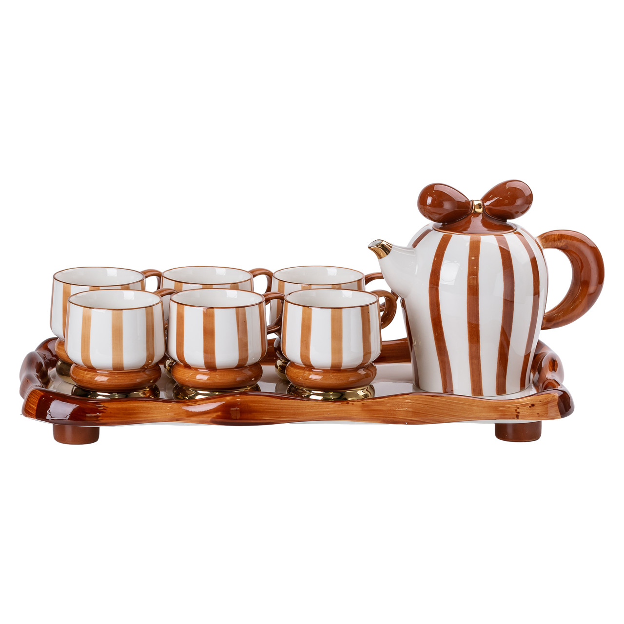 Керамічний чайний сервіз із 6 чашками, чайником і підставкою для подачі напоїв і частувань