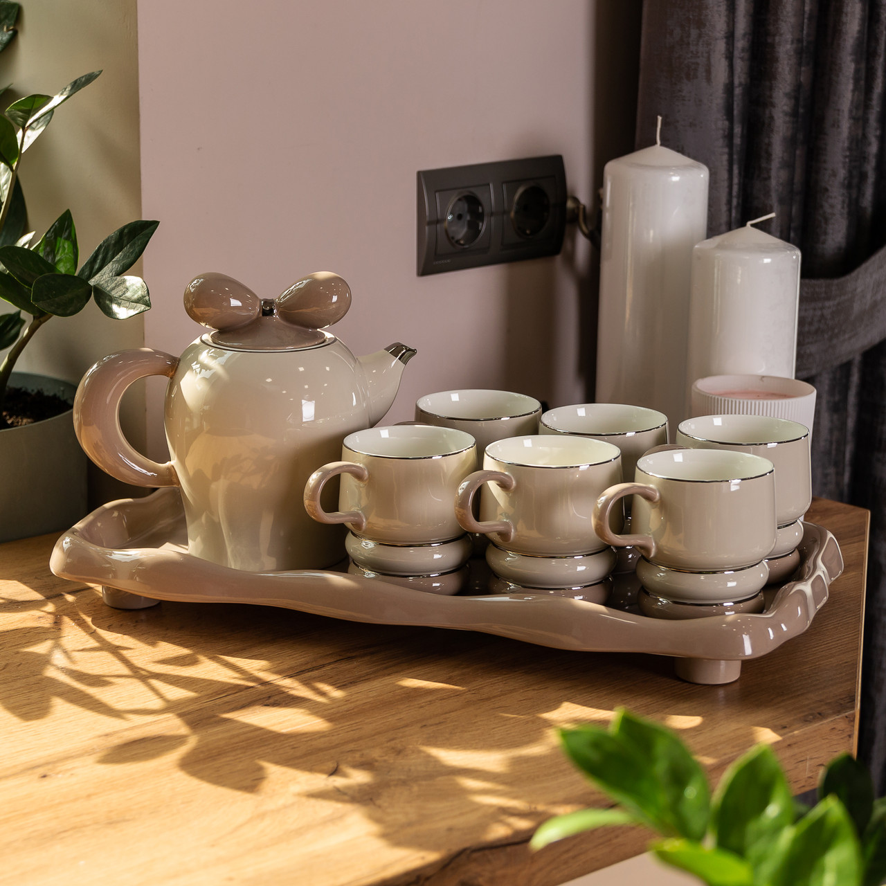 Чайний набір на 6 персон із керамічною підставкою, сірий