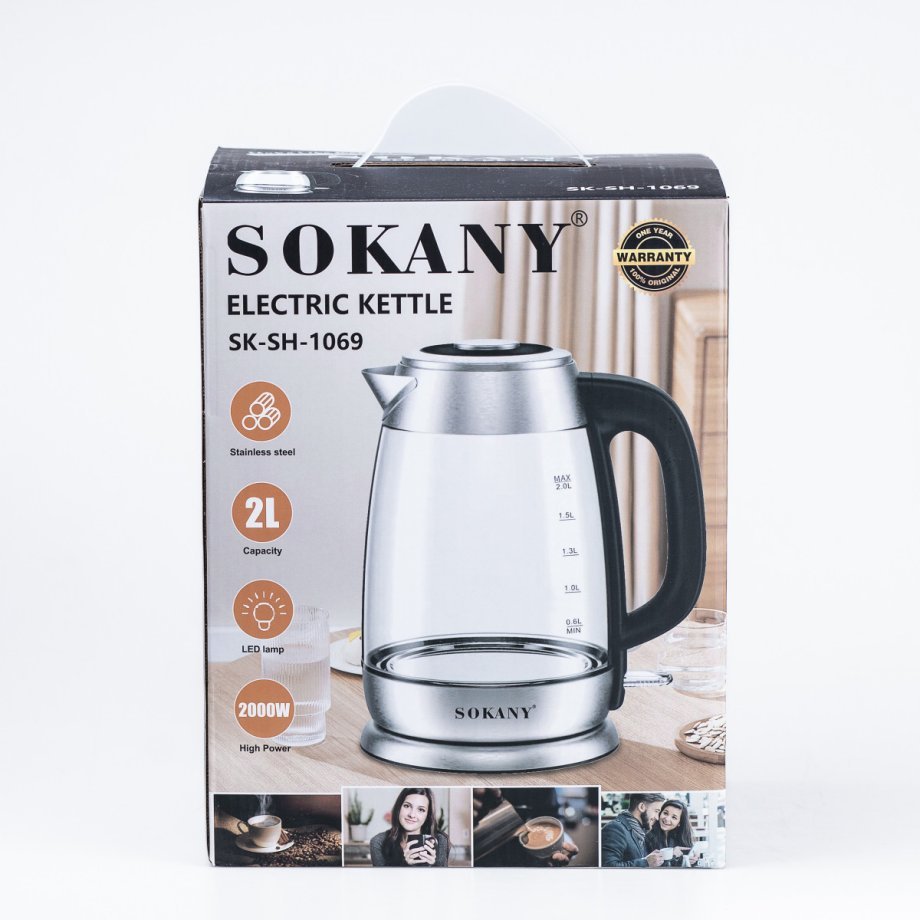 Електрочайник Sokany SK-SH-1069 Electric Kettle 2000W 2l прозорий чайник