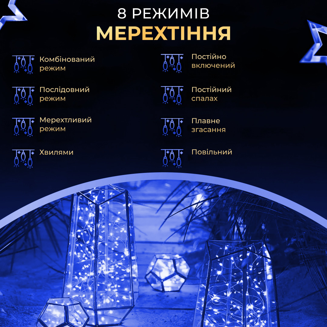 Гірлянда роса на пульті 50 метрів на 500 led світлодіодів крапля на зеленому дроті синя
