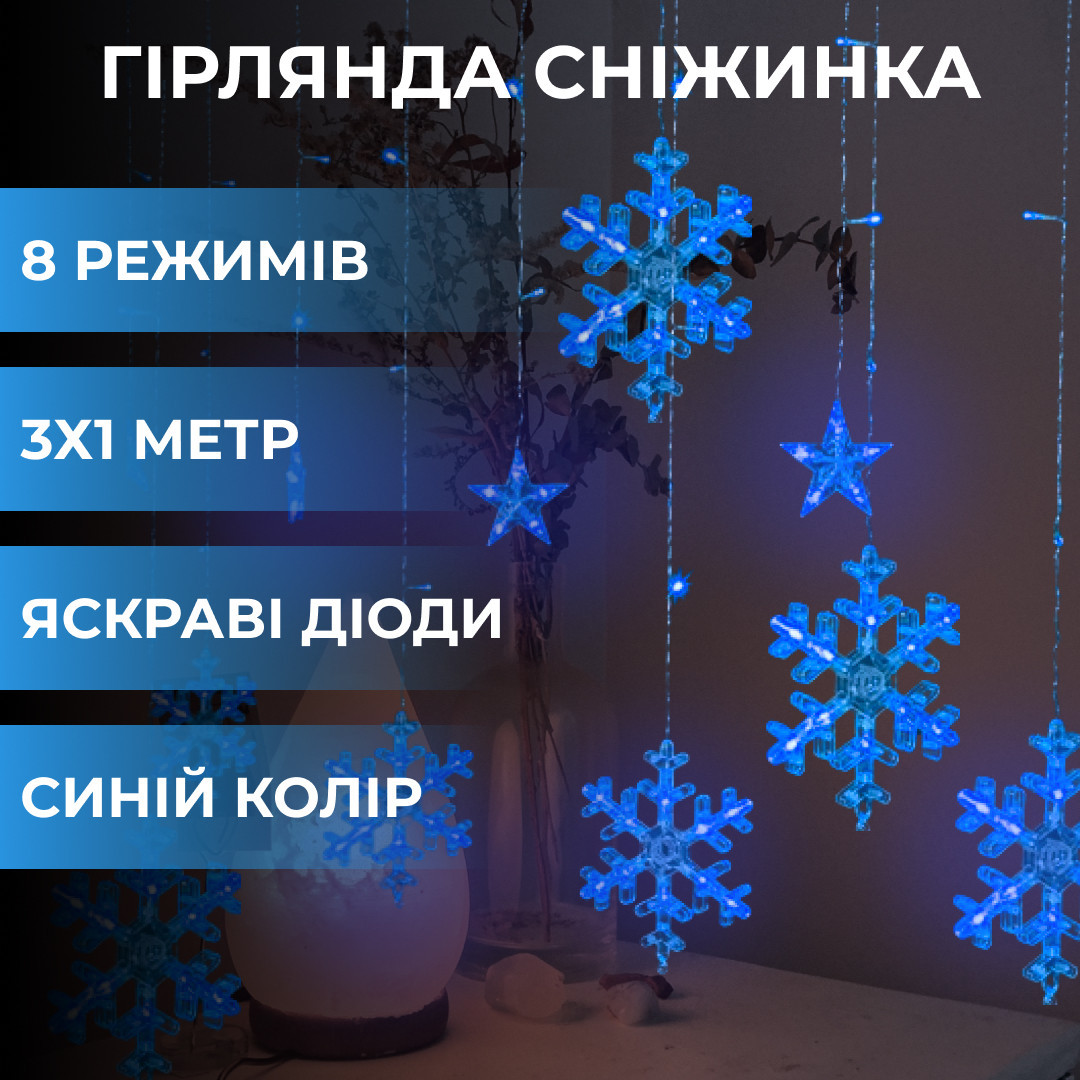 Гірлянда світлодіодна штора GarlandoPro сніжинка і зірка 12 фігур 3х1 м гірлянда зірка Синій