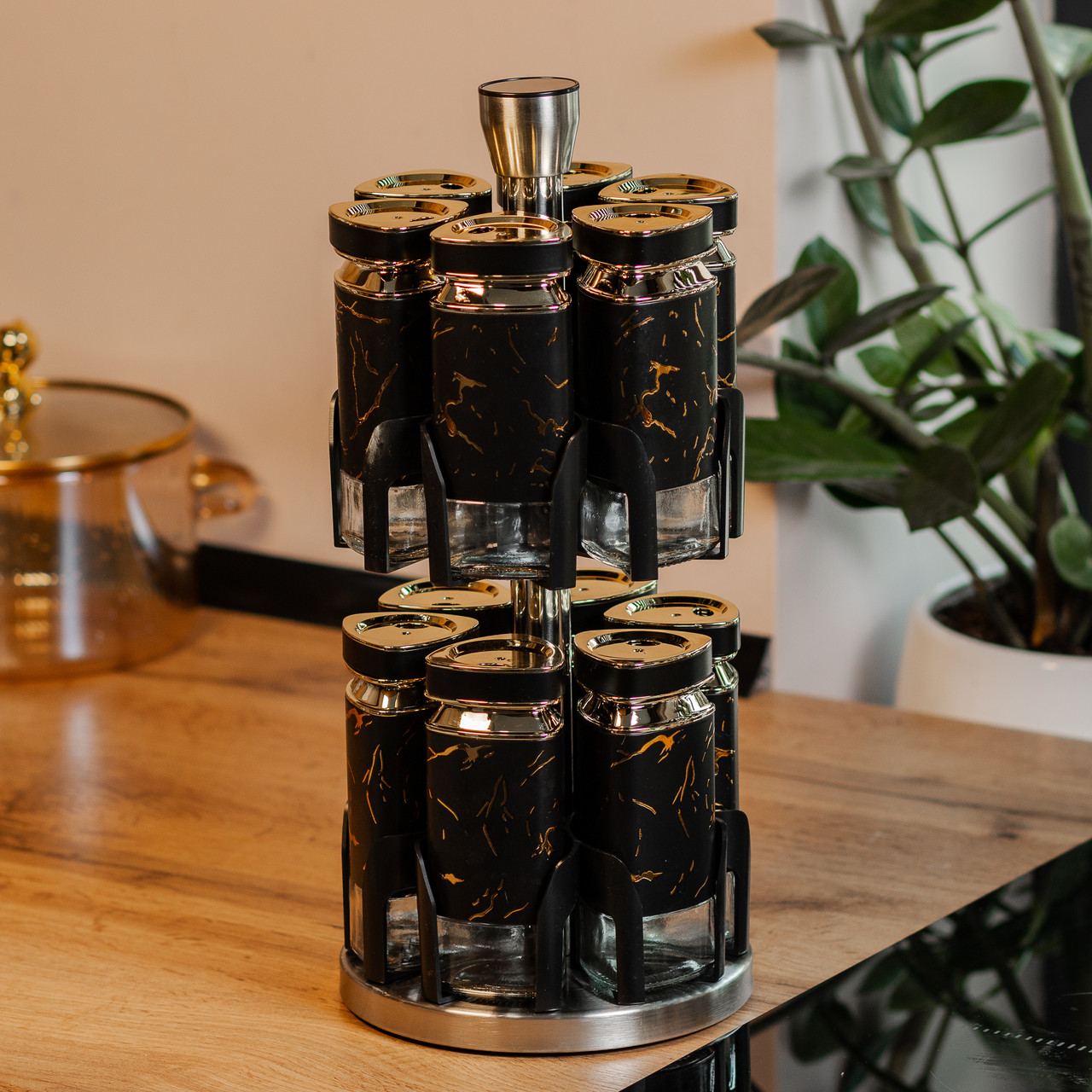 Набір для спецій на підставці 12 баночок по 120 мл, чорний мармур