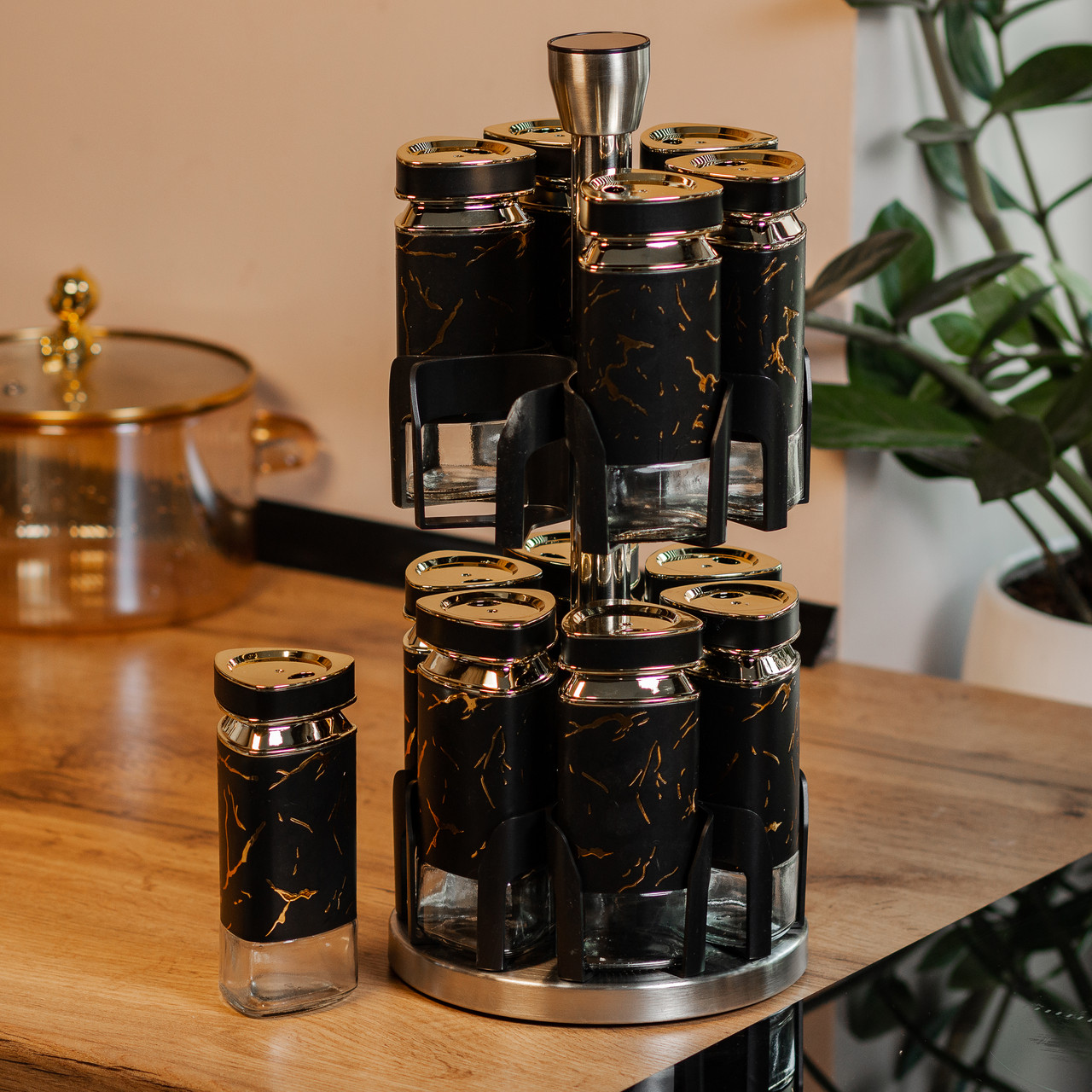 Набір для спецій на підставці 12 баночок по 120 мл, чорний мармур