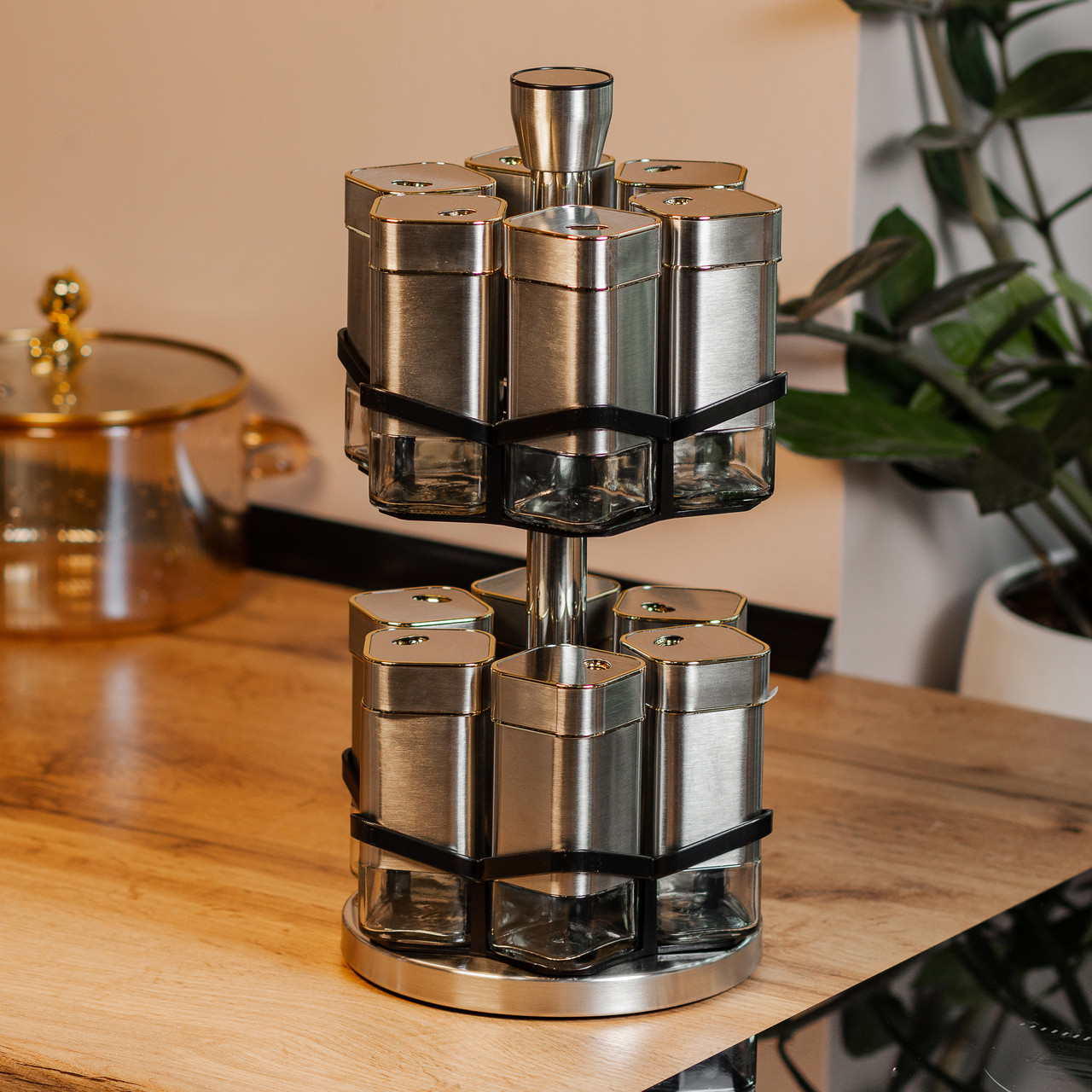 Набір для спецій на підставці 12 баночок по 120 мл, хром із золотом