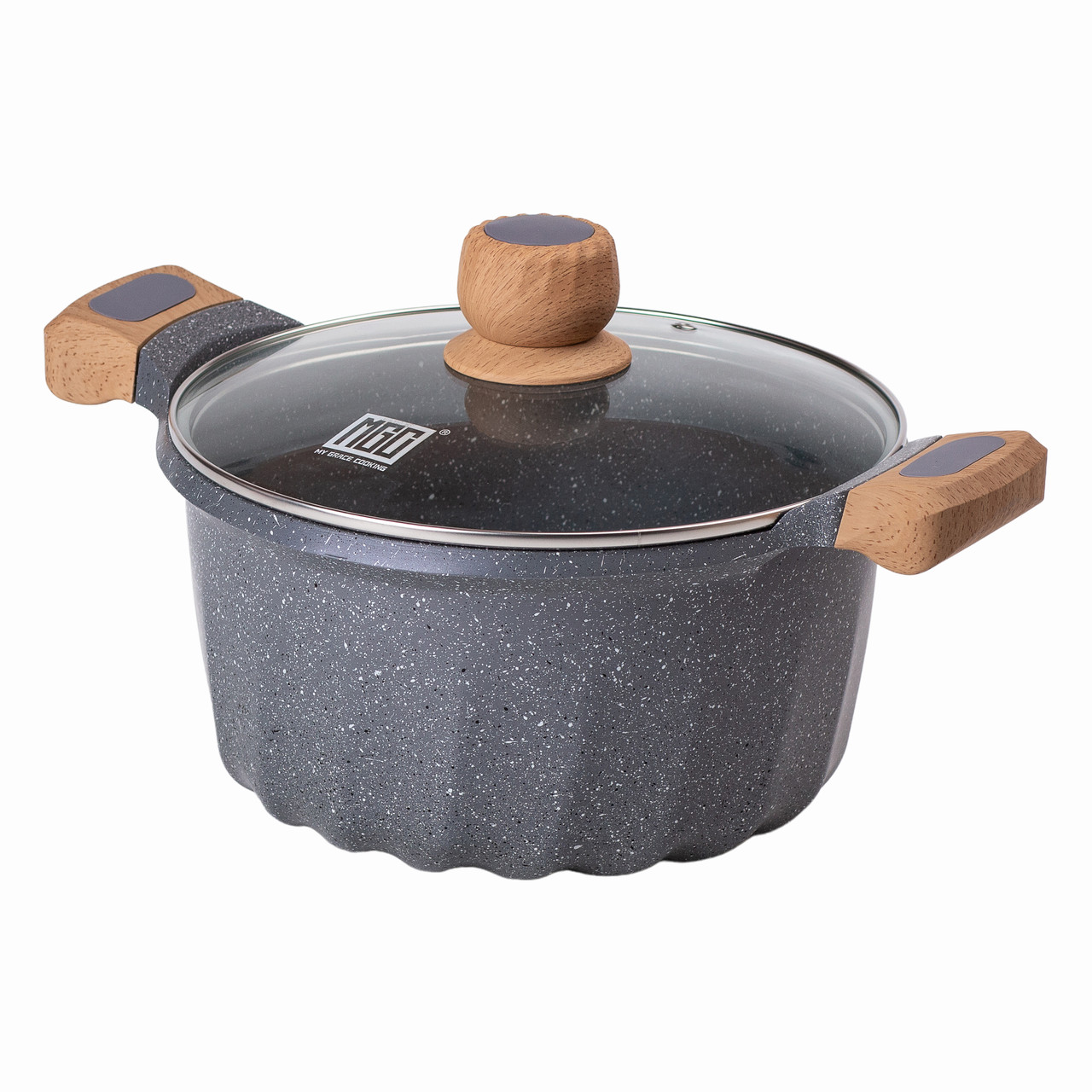 Алюмінієва каструля об'ємом 5 літрів з кришкою Ø 24 см з мармуровим антипригарним покриттям MGC сіра