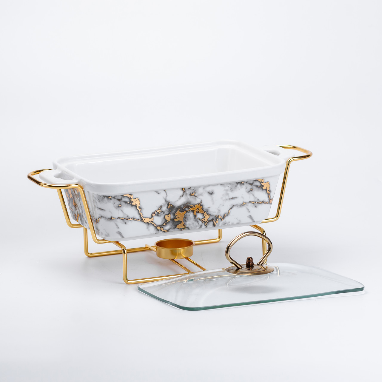 Марміт керамічний 1 л зі скляною крішкою та підставкою з підігрівом