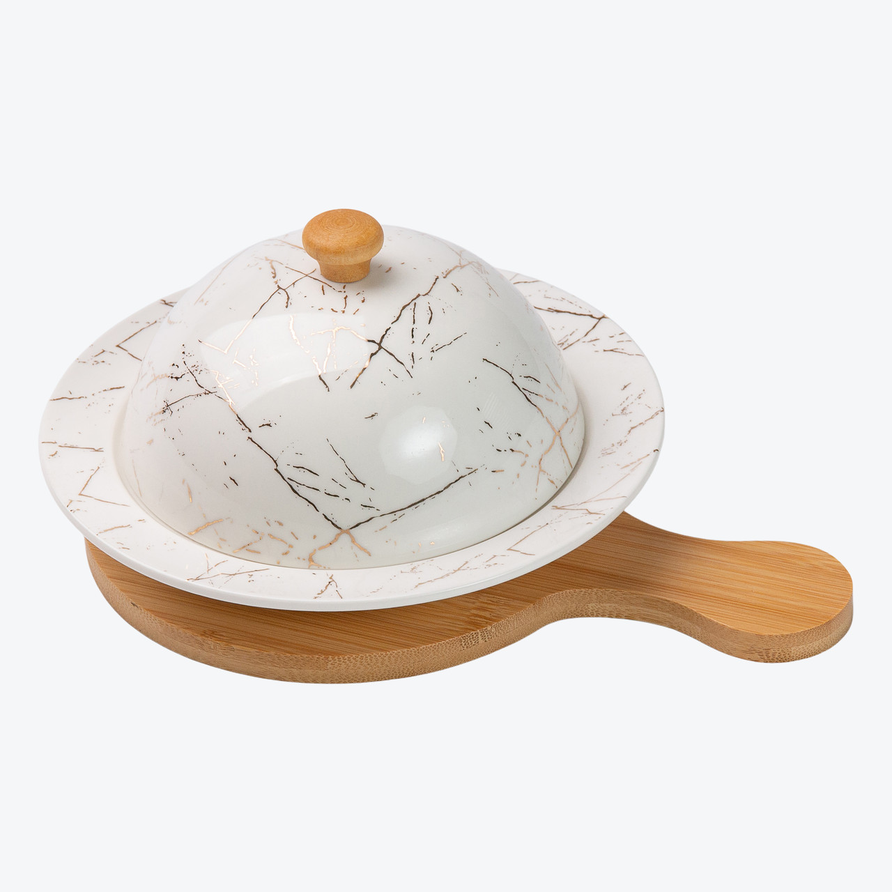 Керамічна маслянка з білою кришкою та бамбуковою підставкою для зберігання вершкового масла