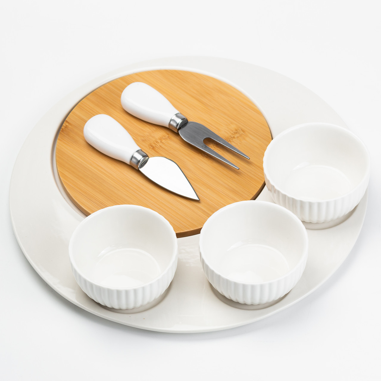 Набір для нарізки сиру Ø 29 см Керамічна тарілка, ніж, вилка, 3 миски, дерев'яна дошка