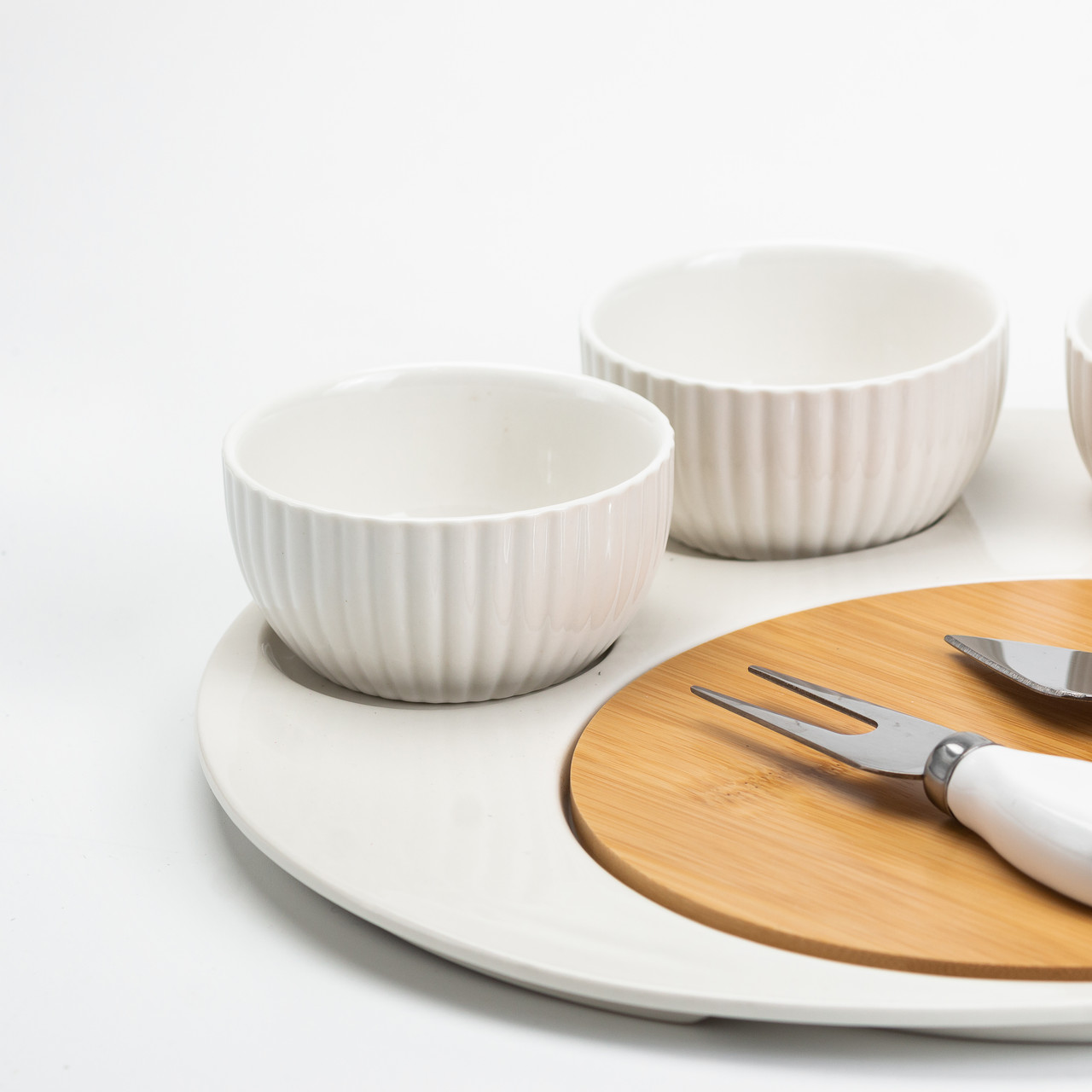 Набір для нарізки сиру Ø 29 см Керамічна тарілка, ніж, вилка, 3 миски, дерев'яна дошка