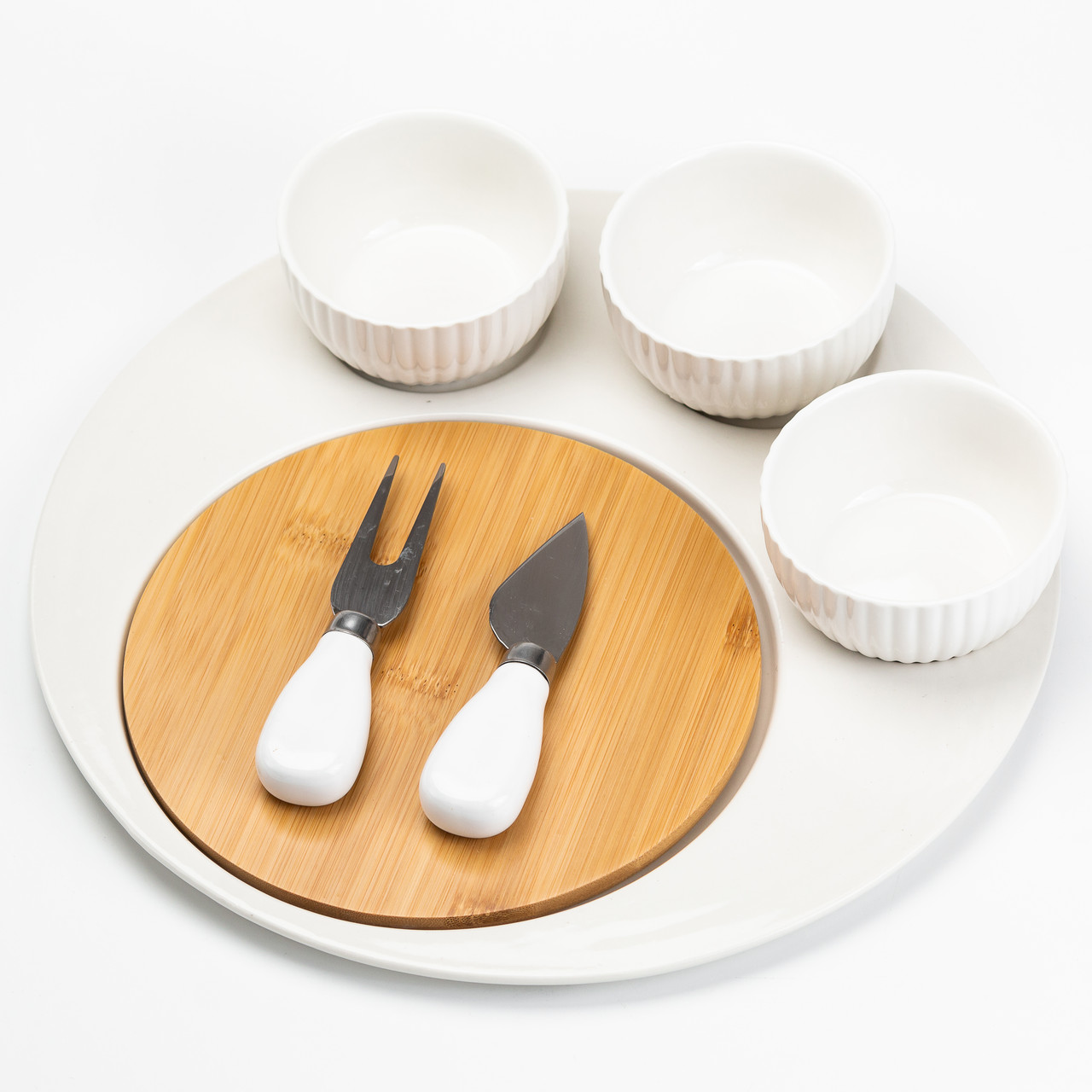 Набір для нарізки сиру Ø 29 см Керамічна тарілка, ніж, вилка, 3 миски, дерев'яна дошка