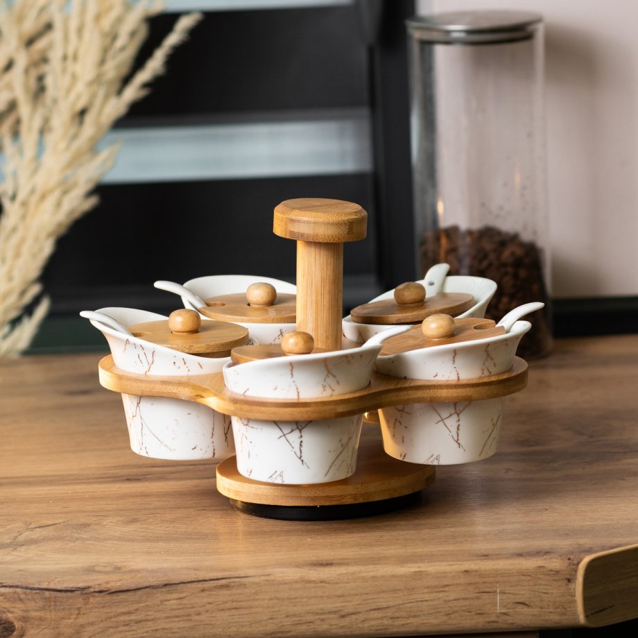 Набір для сипучих продуктів 5 банок по 120 на бамбуковій підставці білий