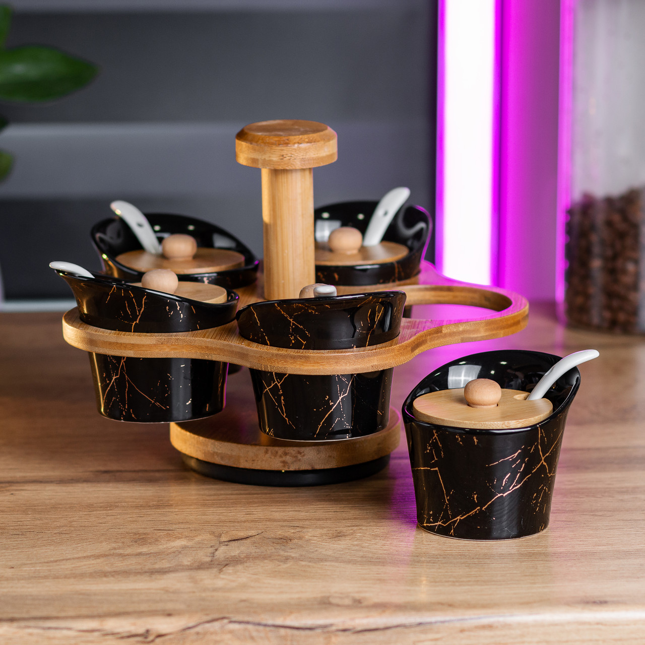 Набір для сипучих продуктів 5 банок по 120 на бамбуковій підставці