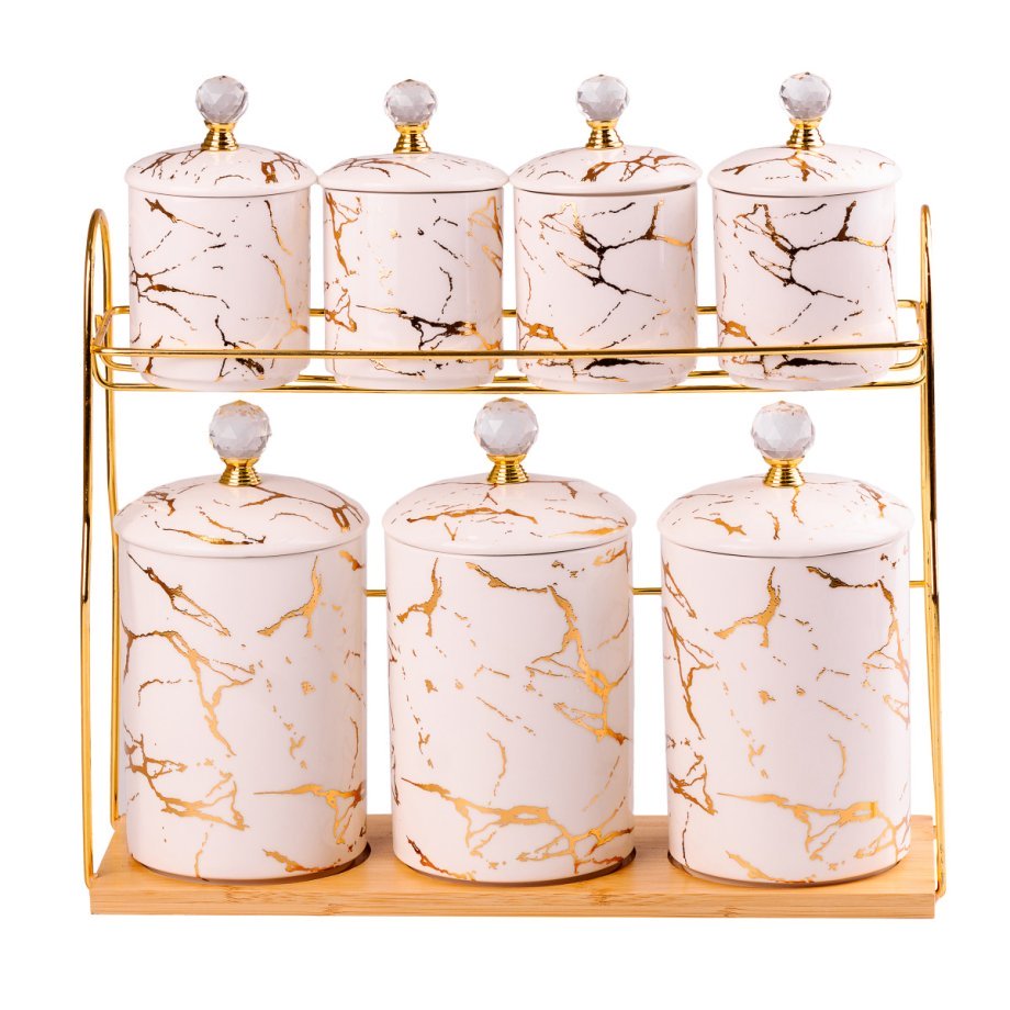 Набір банок для спецій та сипучих продуктів з кераміки на металевій підставці