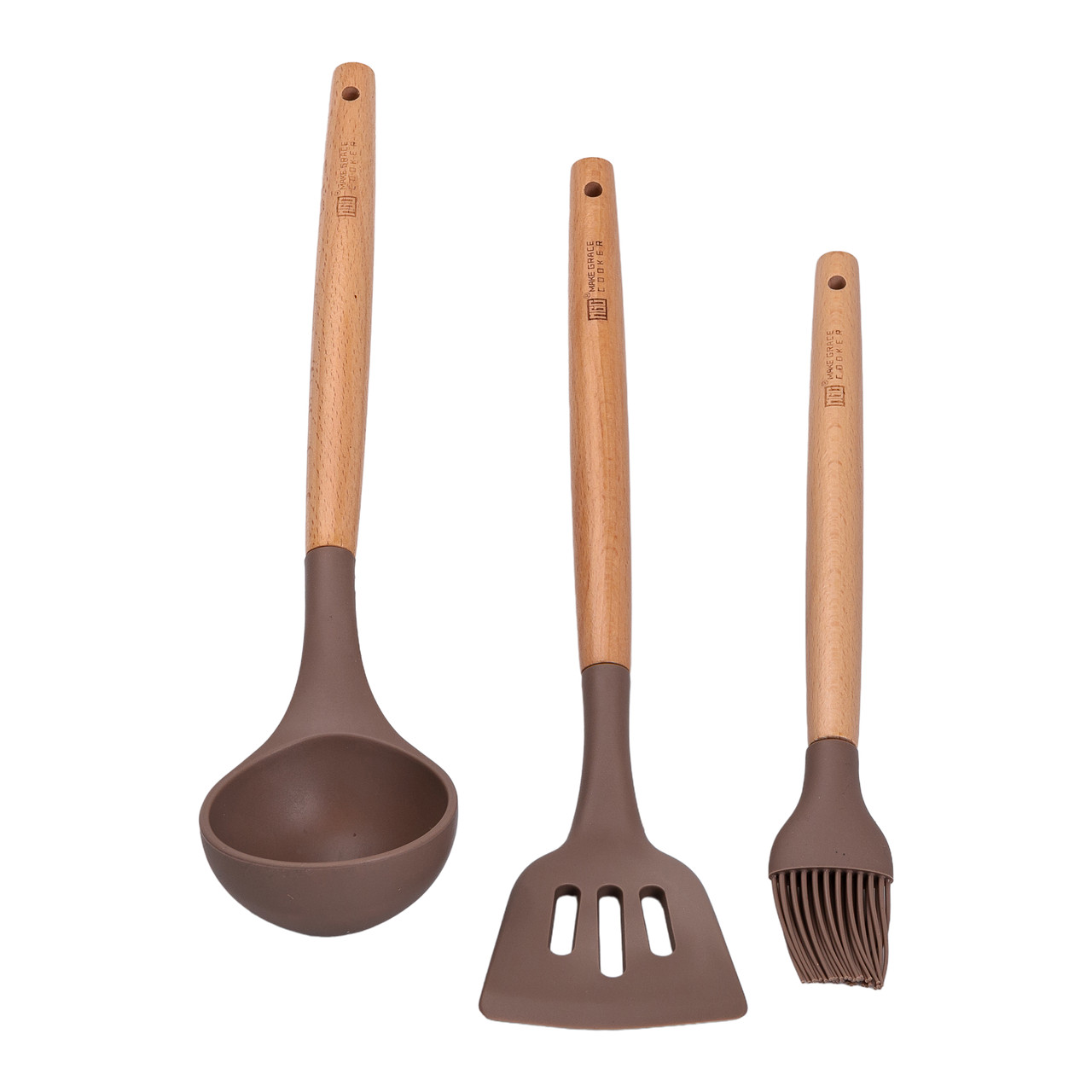 Набір посуду алюміній з товстим дном MGC з лопаткою, ополоником і пензликом кавовий