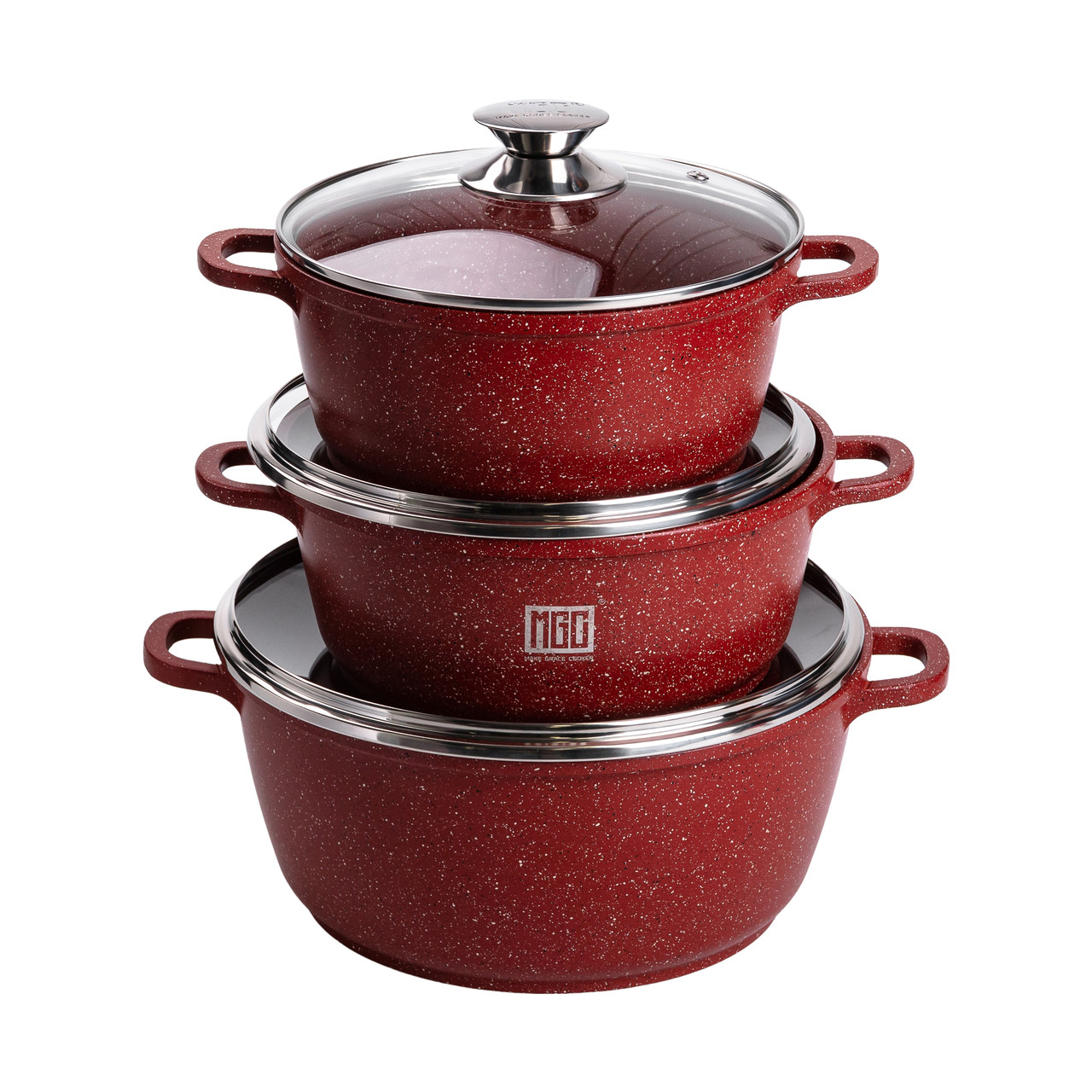 Набір із трьох алюмінієвих каструль із товстим дном та кришками з антипригарним покриттям MGC