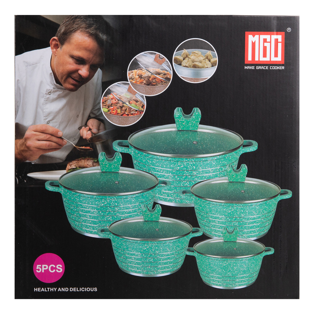 Набір із 5 господарських каструль, 2,5-9 літрів, товсте дно, алюміній MGC