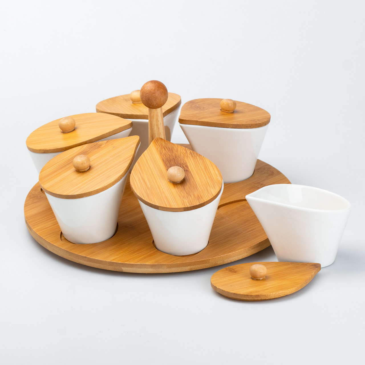 Набір керамічних баночок для сипучих продуктів 6 штук по 100 мл на бамбуковій підставці