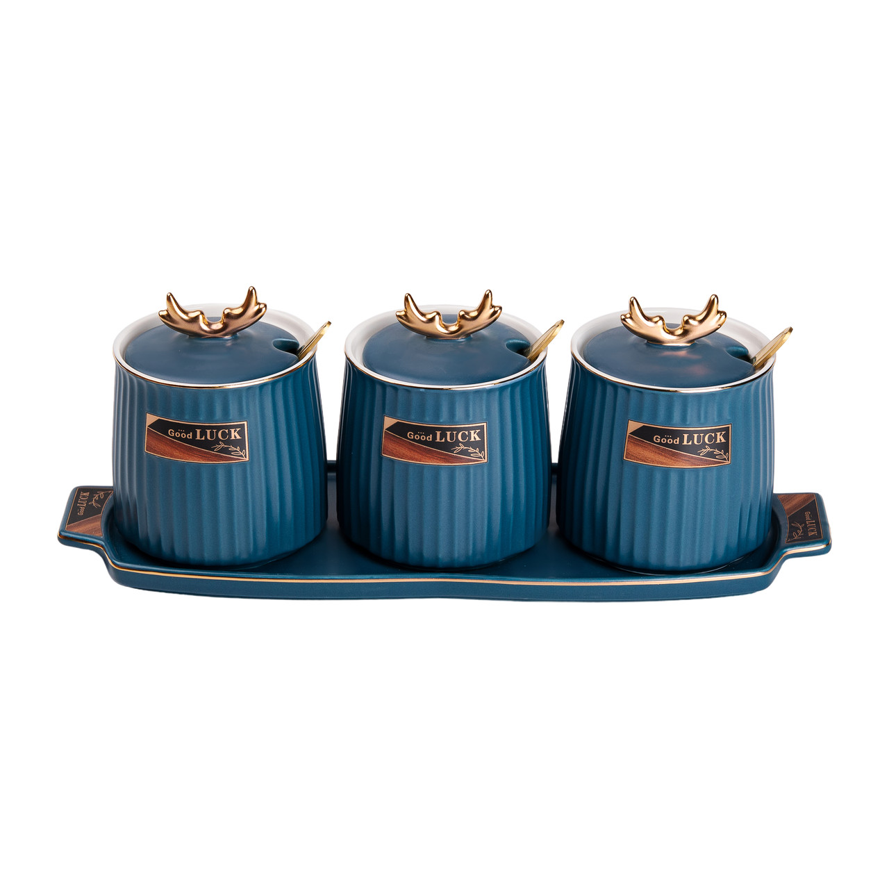 Набір з 3 керамічних баночок з підставкою та ложечками для зберігання продуктів