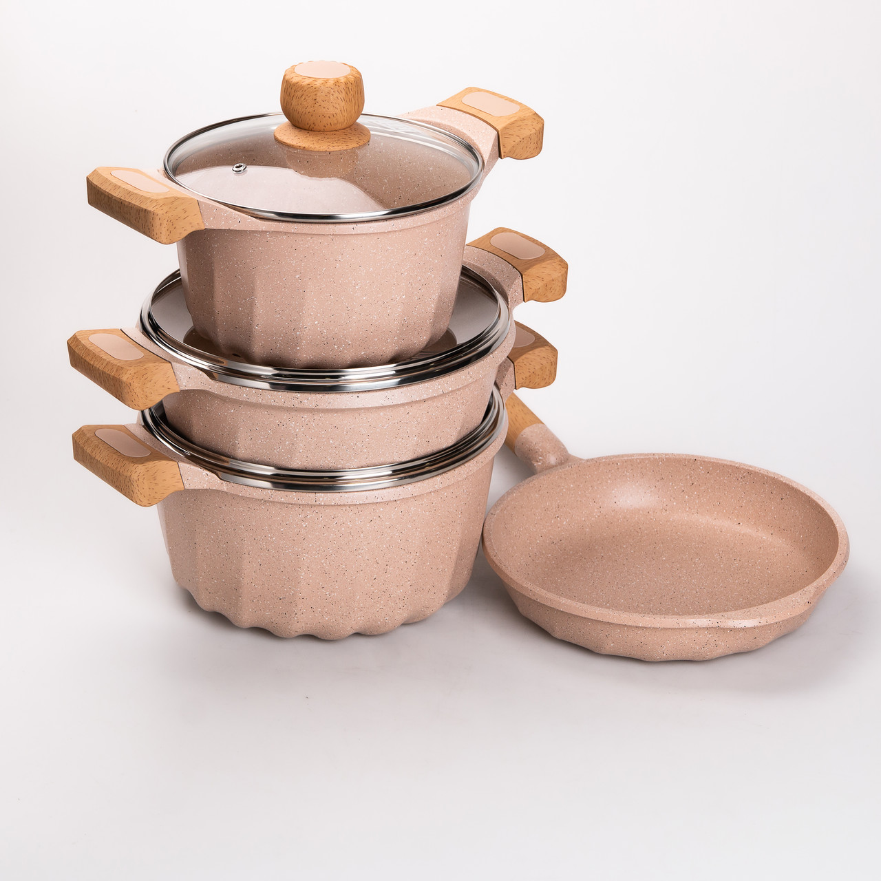 Набір посуду, 3 каструлі, сковорода, алюмінієва товстодонна MGC з лопаткою та ополоником, бежевий.