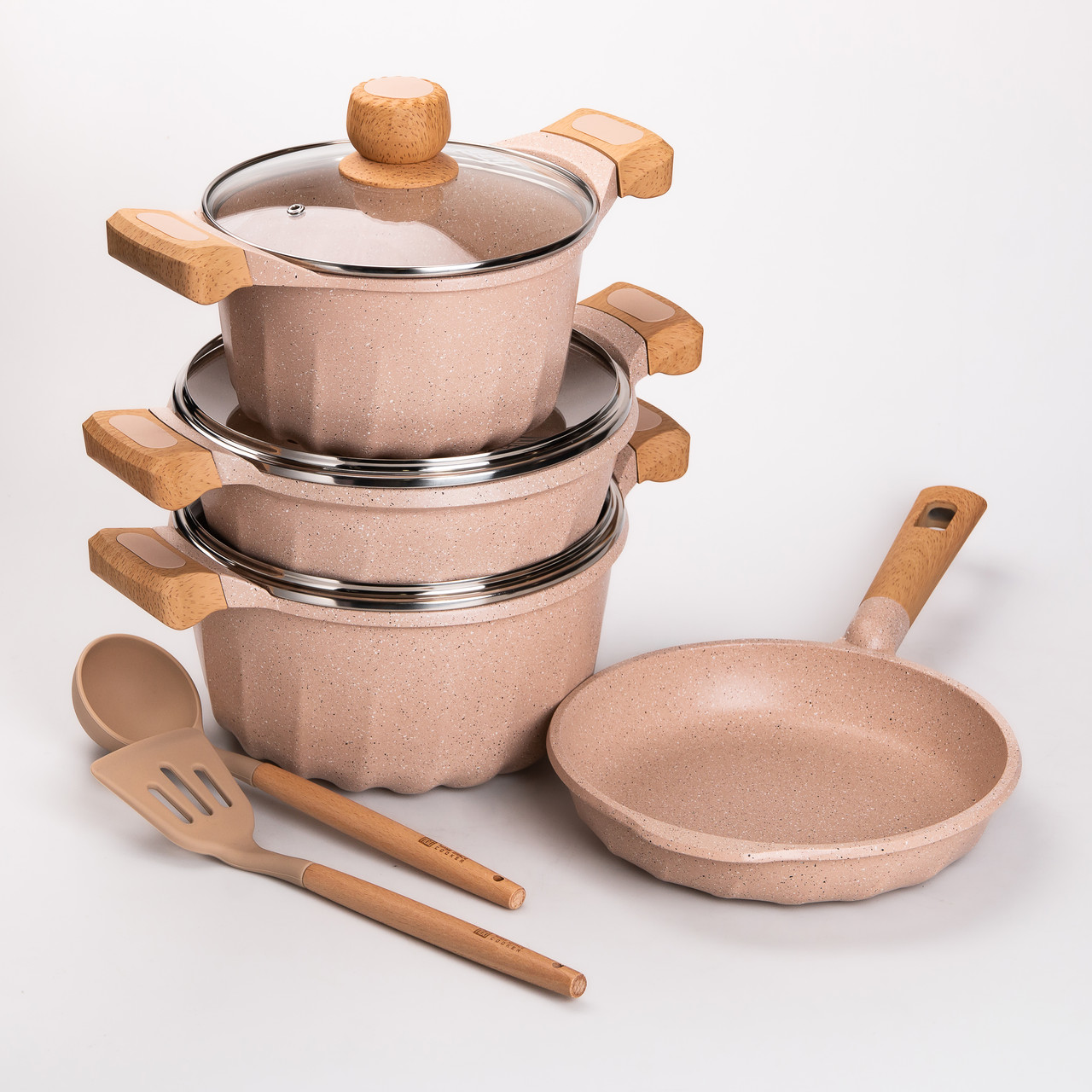 Набір посуду, 3 каструлі, сковорода, алюмінієва товстодонна MGC з лопаткою та ополоником, бежевий.