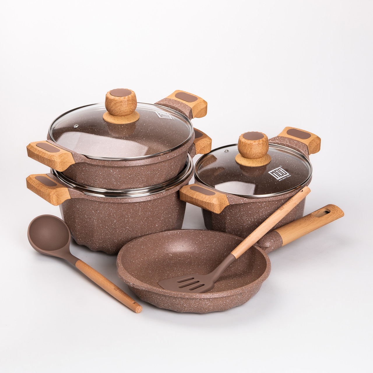 Набір посуду, 3 каструлі, товстодонне алюмінієве дно MGC з лопаткою та ополоником, кавовий.