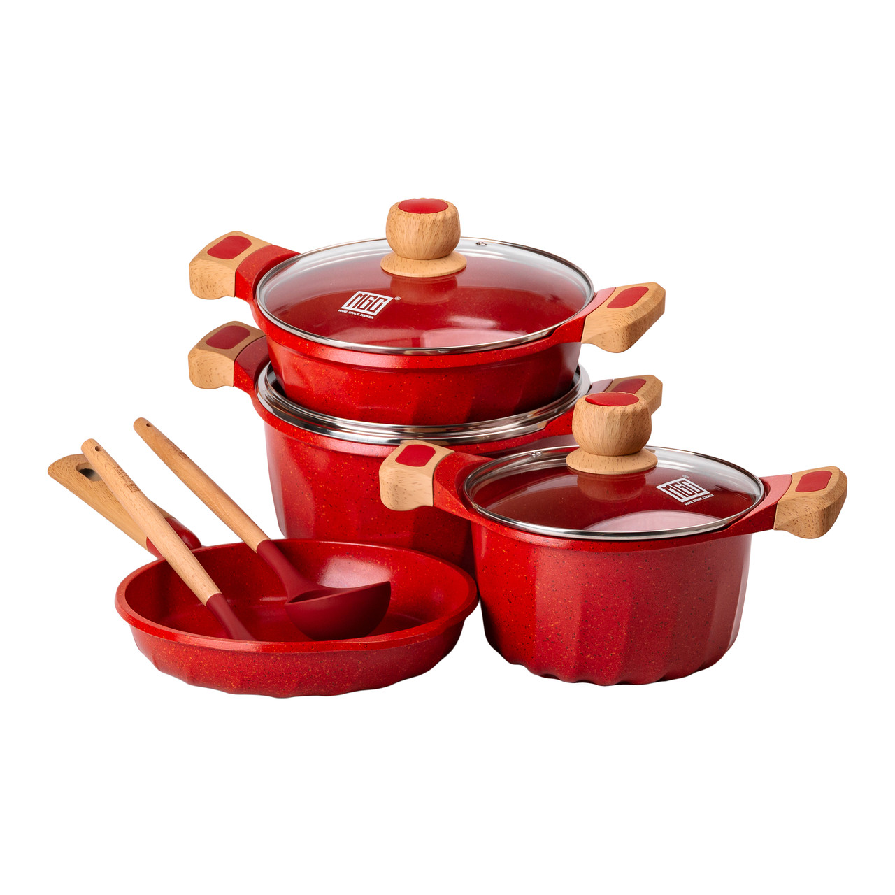 Червоний кухонний набір з мармуровим антипригарним покриттям та скляними кришками
