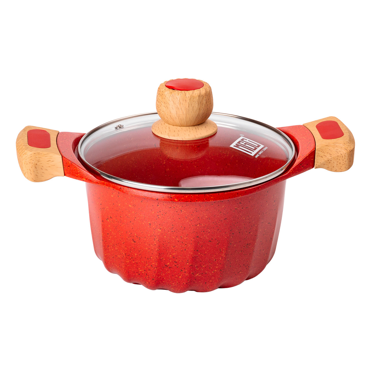 Набір посуду, 3 каструлі, товстодонне алюмінієве дно MGC з лопаткою та ополоником, червоний.