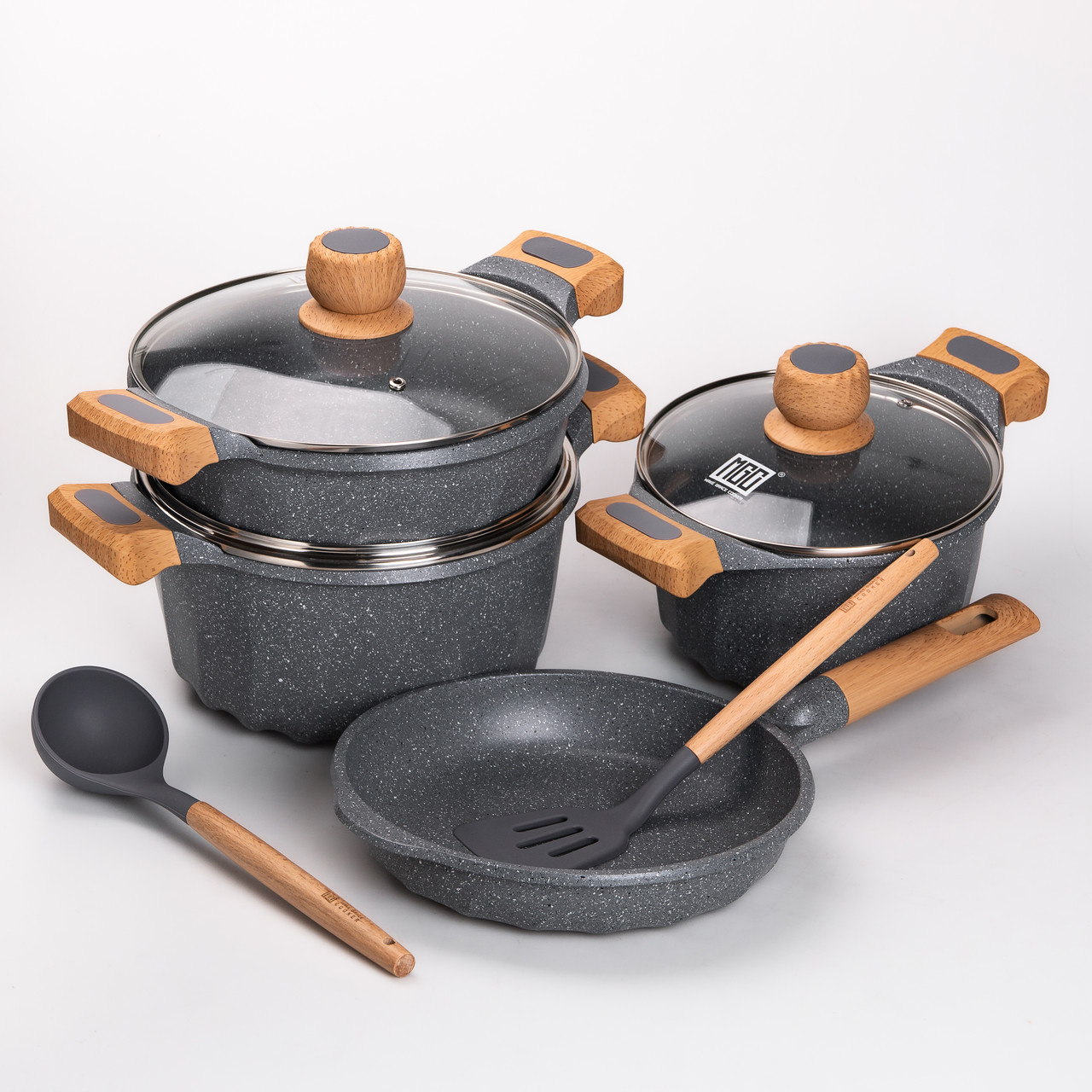 Набір посуду, 3 каструлі, алюмінієва товстодонна каструля MGC з лопаткою та ополоником, сірий.