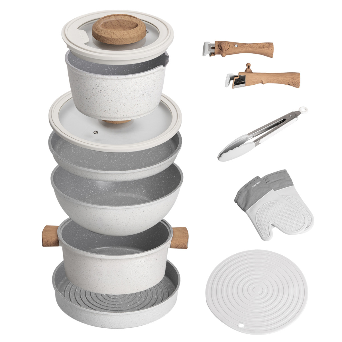 Набір білого алюмінієвого посуду знімними ручками, кришками та термостійкою підставкою