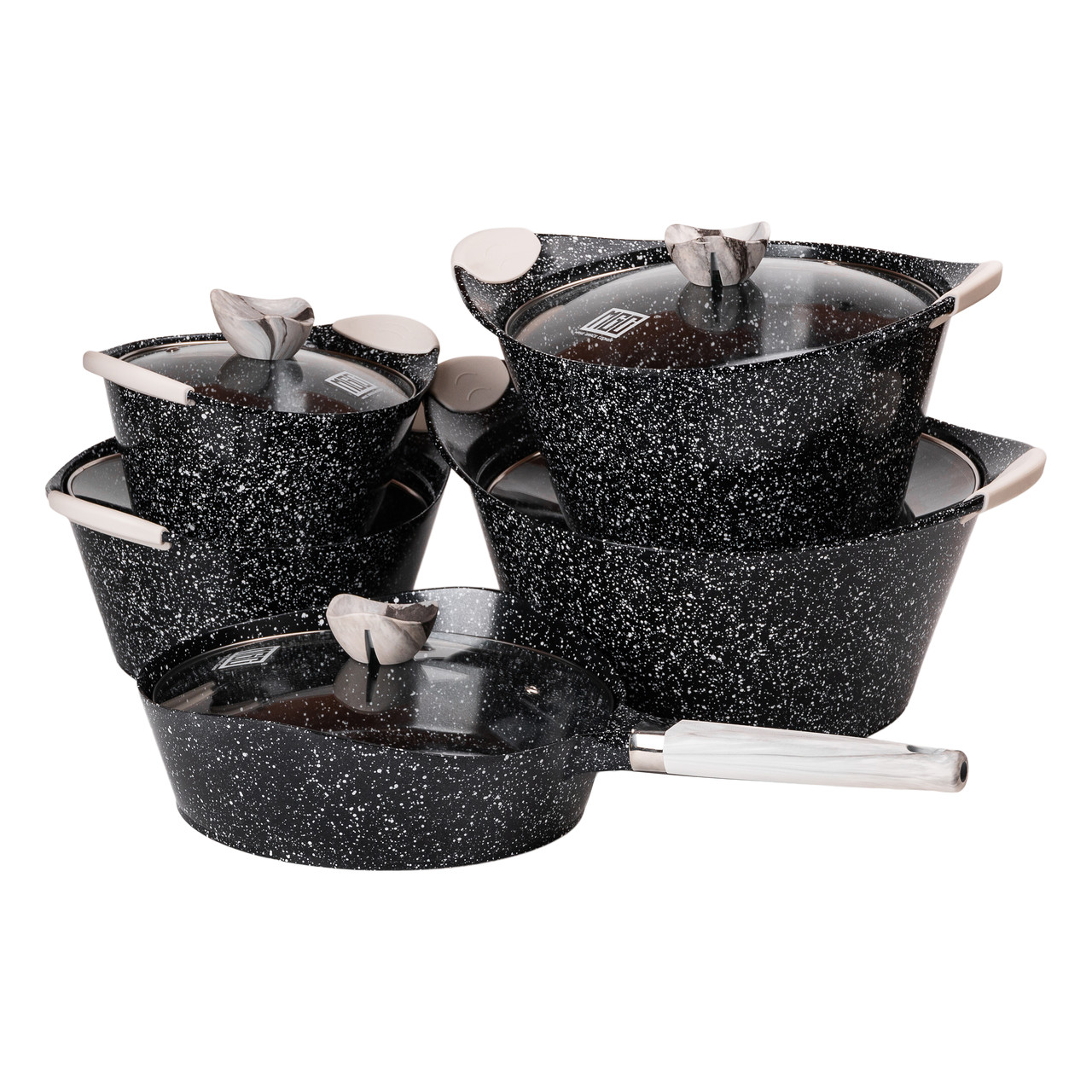 Набір алюмінієвих каструль і сковороди з кришками з жароміцного скла